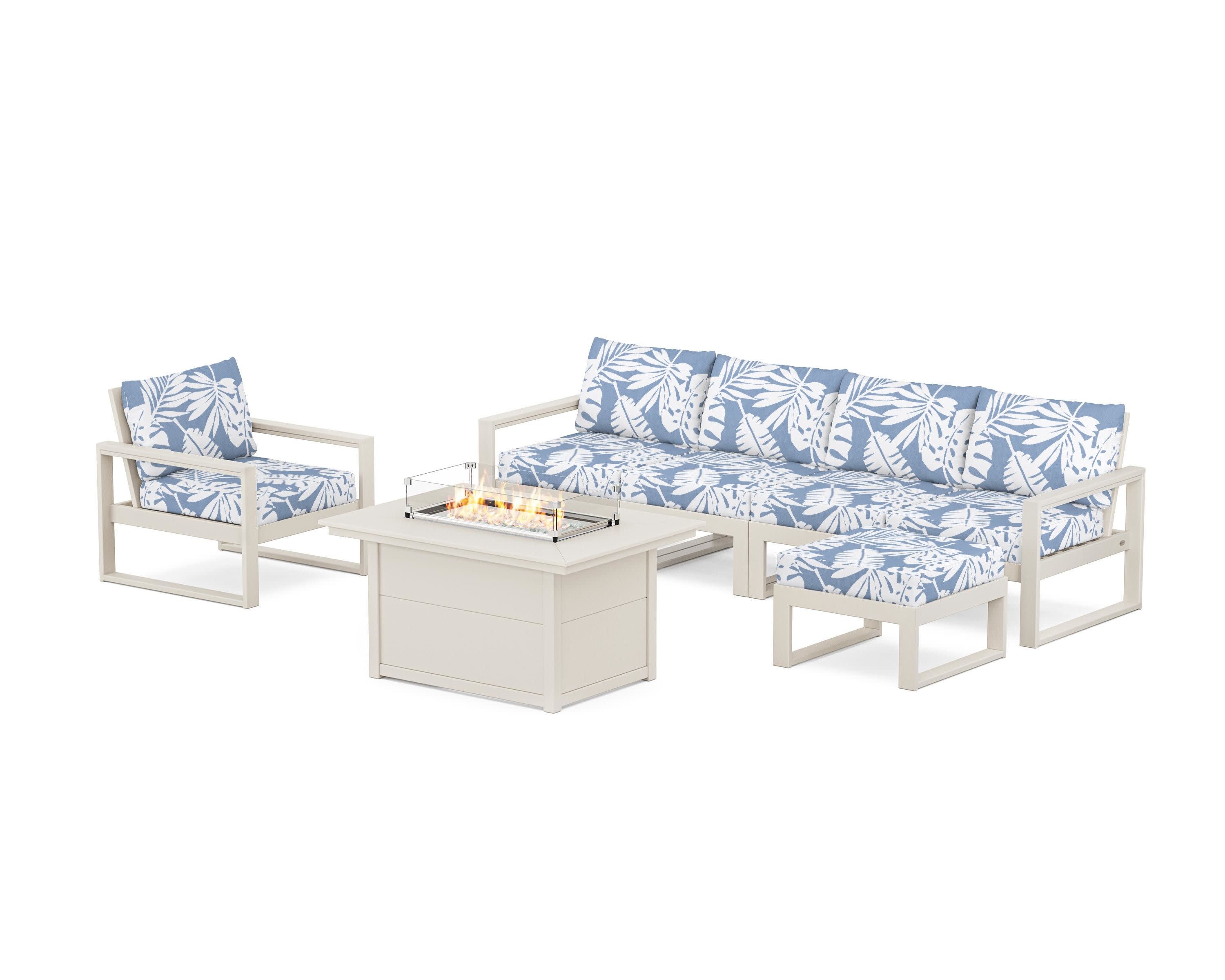 EDGE Sectional Lounge and Fire Pit Set in Sand / Leaf Sky Blue