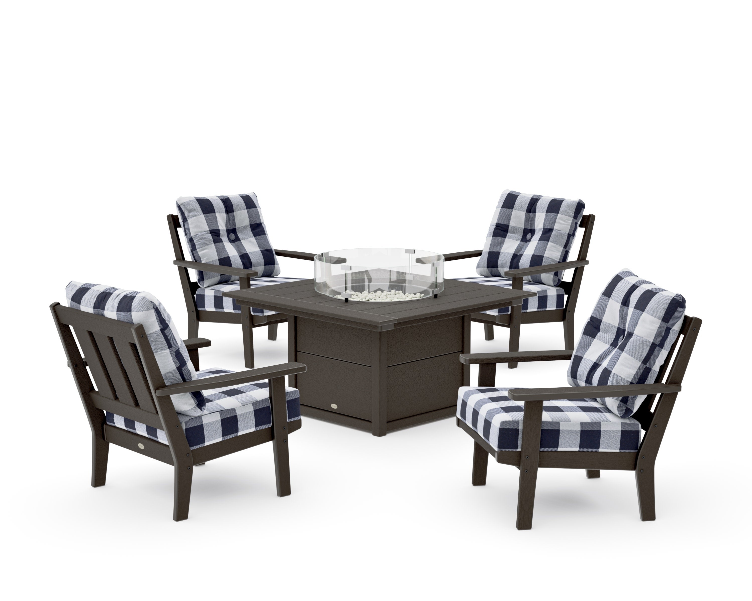 Oxford 5-Piece Deep Seating Set with Fire Pit Table in Vintage Coffee / Buffalo Plaid Navy