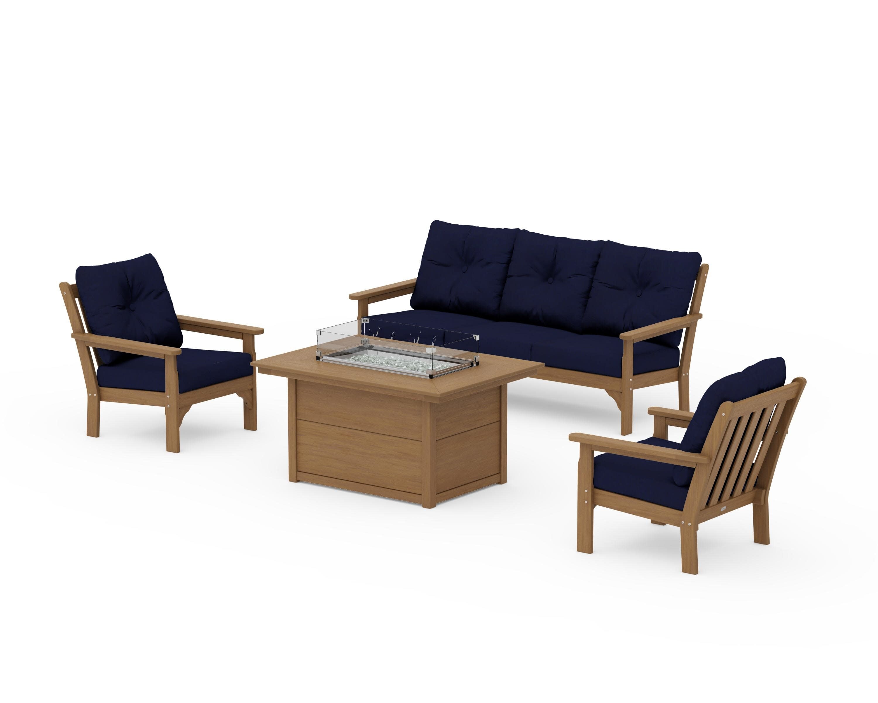 Vineyard Deep Seating Fire Pit Table Set in Natural / Navy