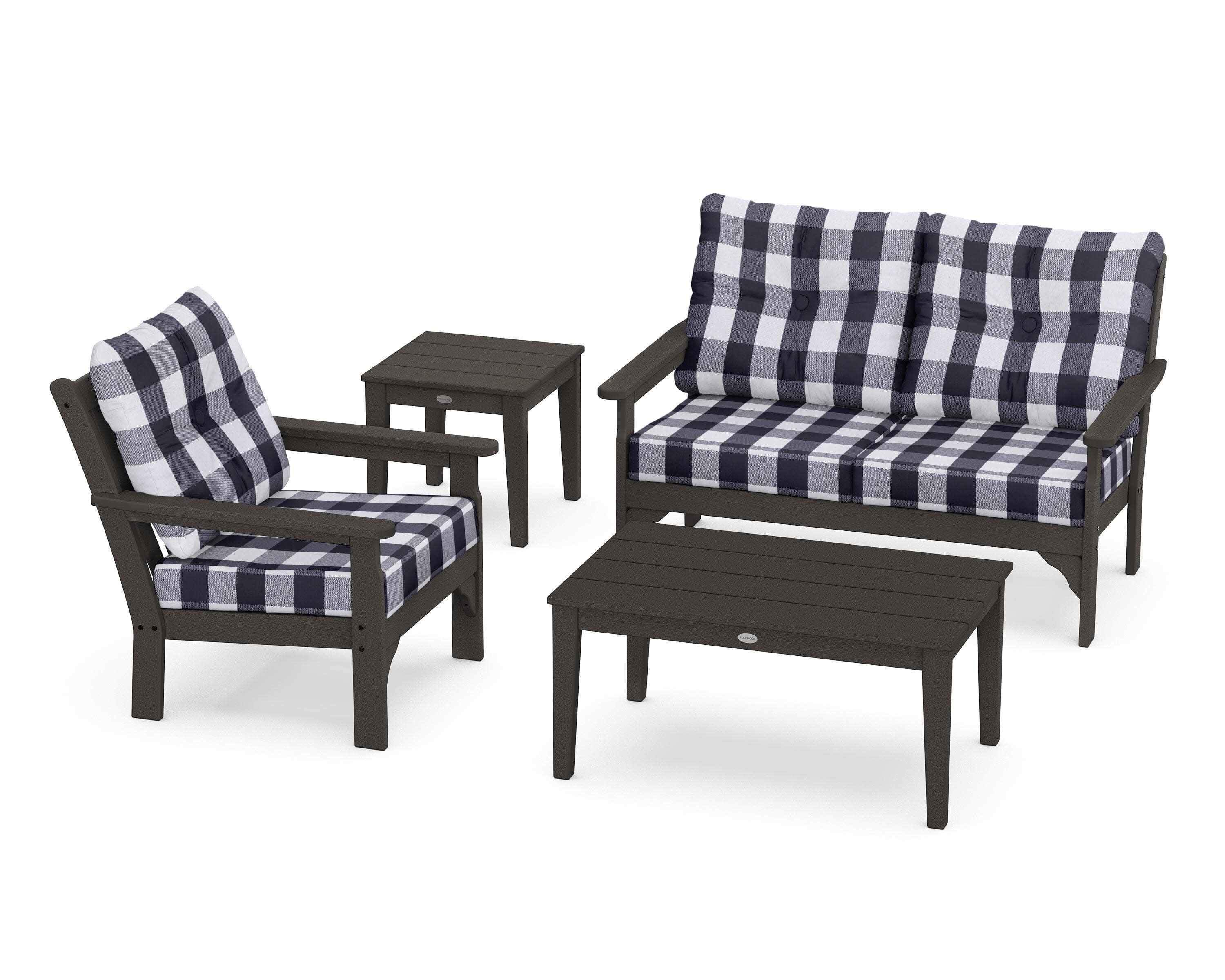 Vineyard 4-Piece Deep Seating Set in Vintage Coffee / Buffalo Plaid Navy