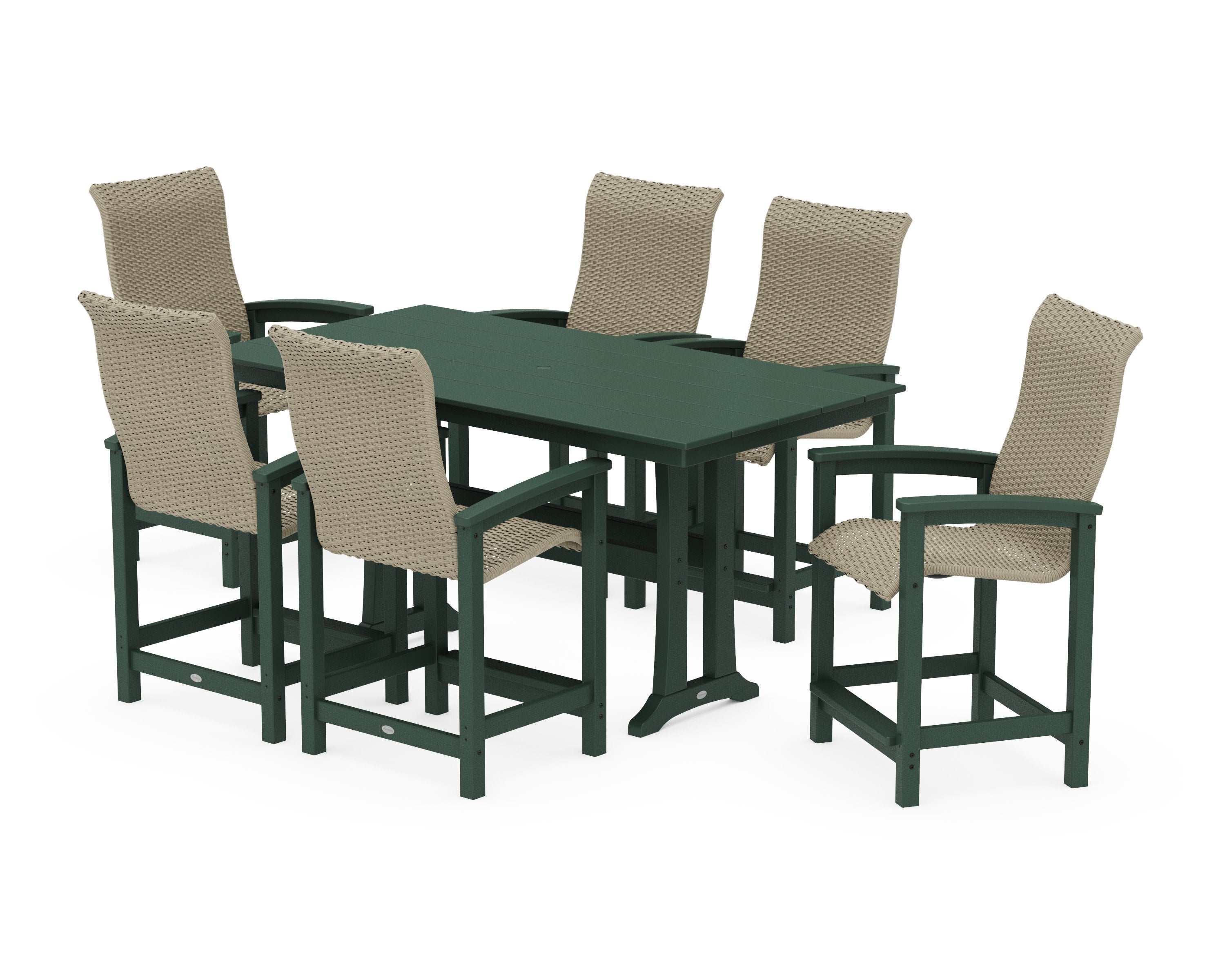 Coastal Woven High-Back Arm Chair 7-Piece Farmhouse Counter Set with Trestle Legs in Green / Dune Grass
