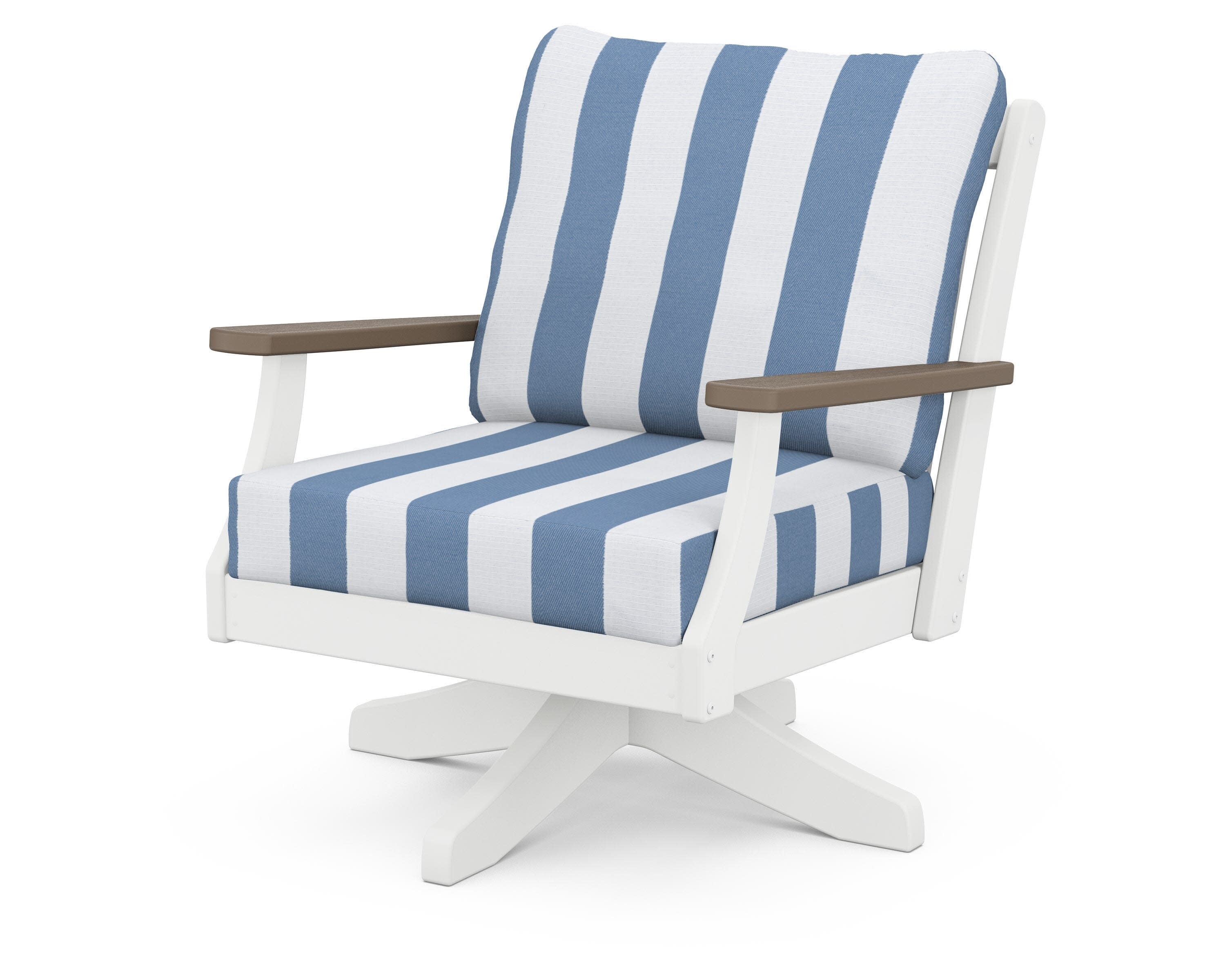 Braxton Deep Seating Swivel Chair in White / Kona / Cabana Stripe Sky Blue