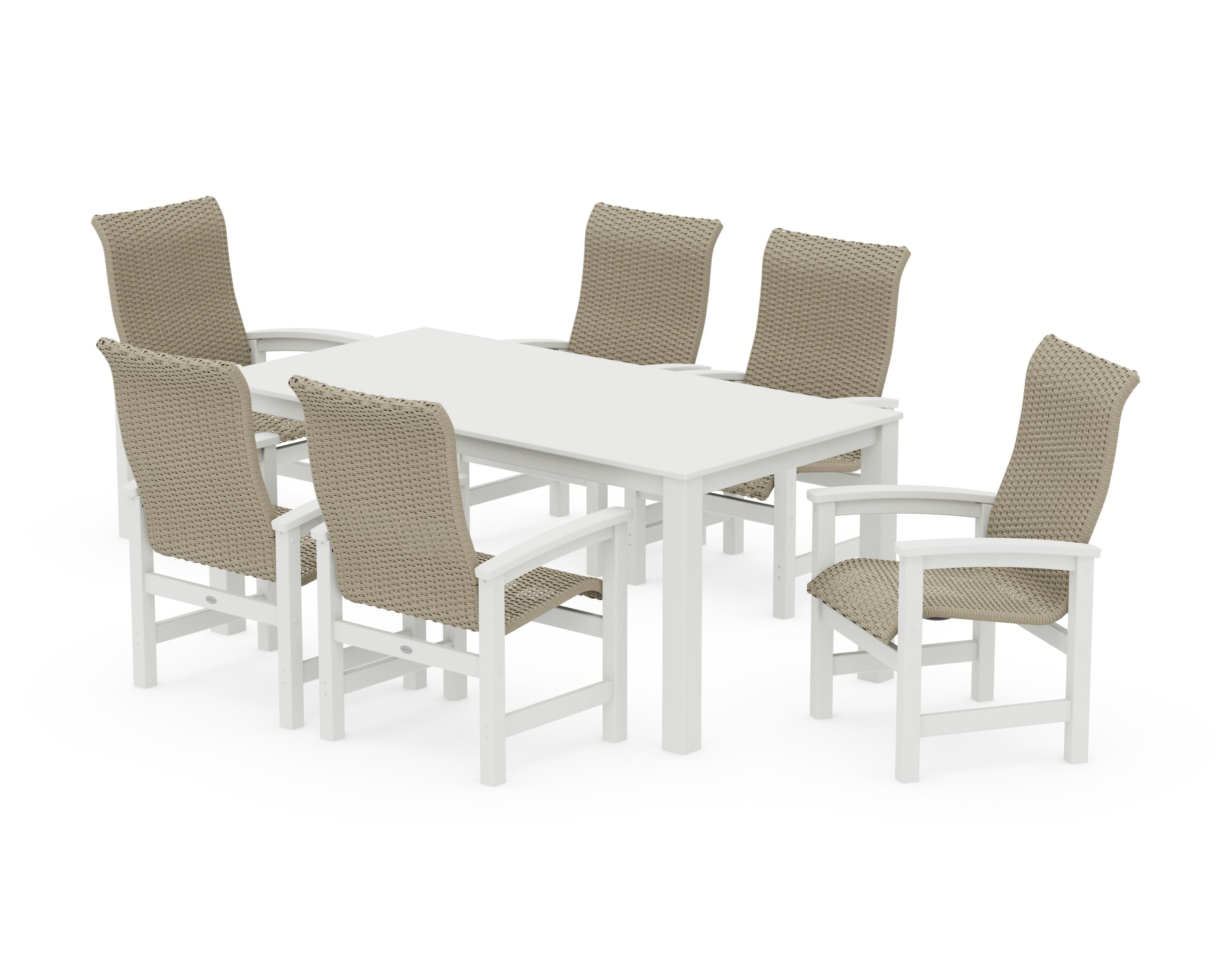 Coastal Woven High-Back Arm Chair 7-Piece Parsons Dining Set in Vintage White / Dune Grass