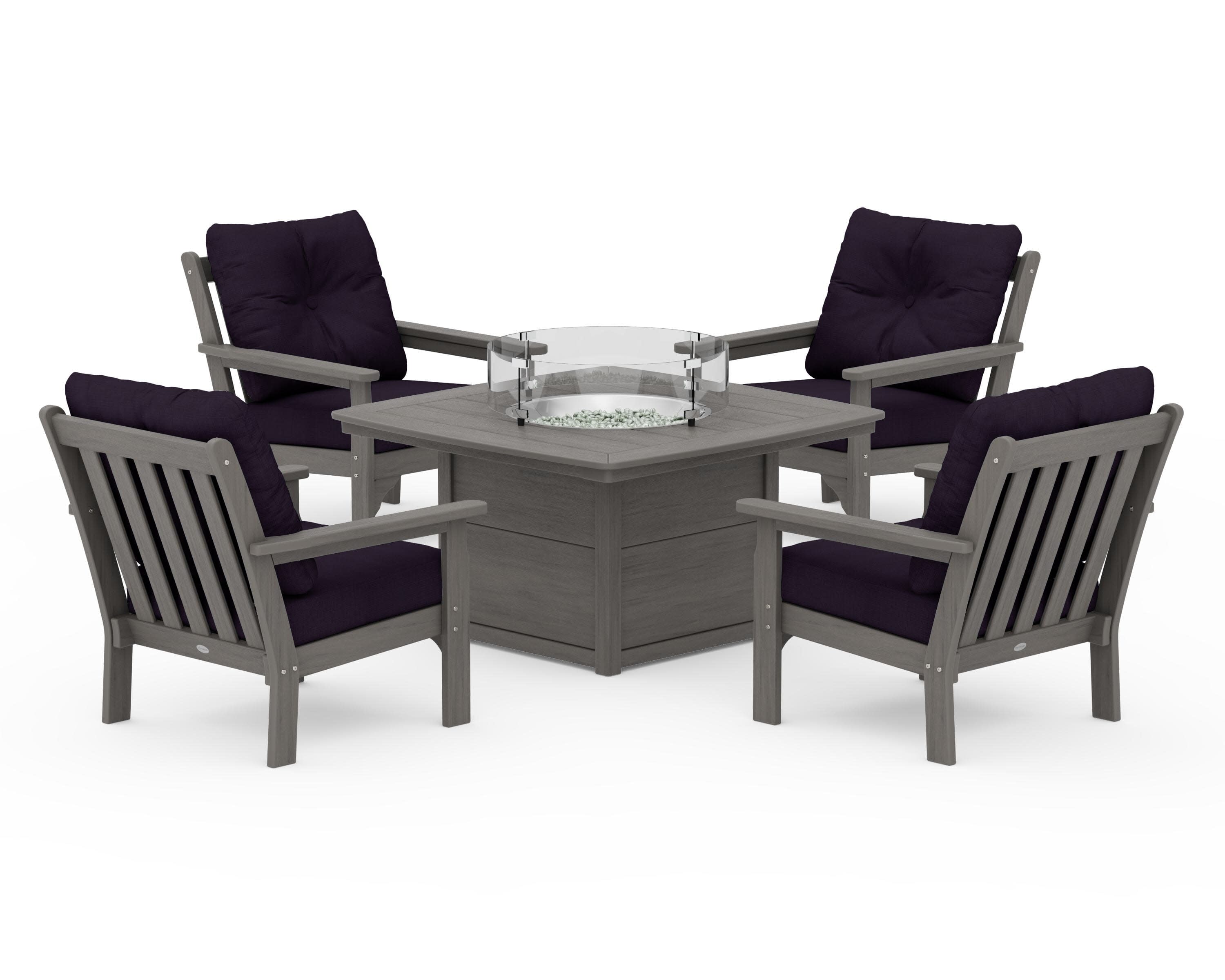 Vineyard 5-Piece Conversation Set with Fire Pit Table in Driftwood / Navy Linen