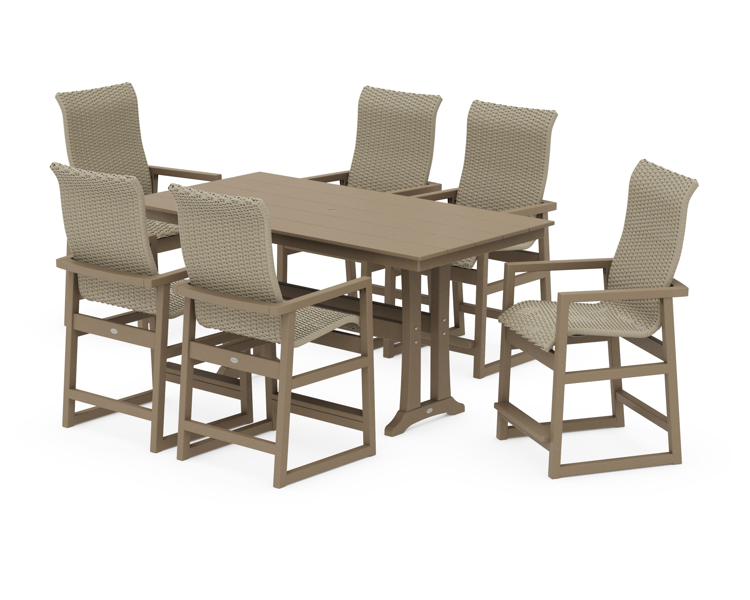 EDGE Woven Highback Arm Chair 7-Piece Farmhouse Counter Set with Trestle Legs in Vintage Sahara / Dune Grass