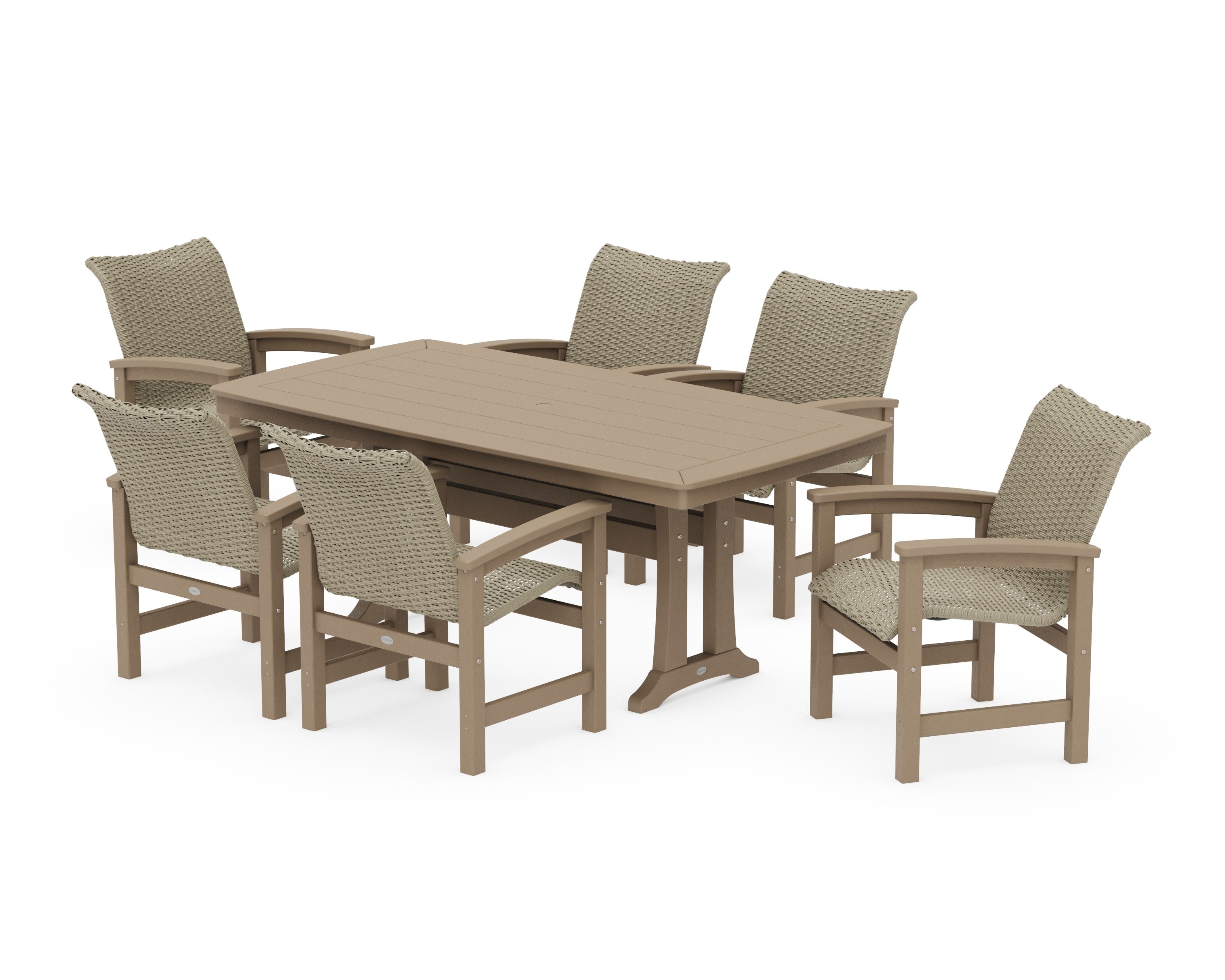 Coastal Woven Arm Chair 7-Piece Dining Set with Trestle Legs in Vintage Sahara / Dune Grass