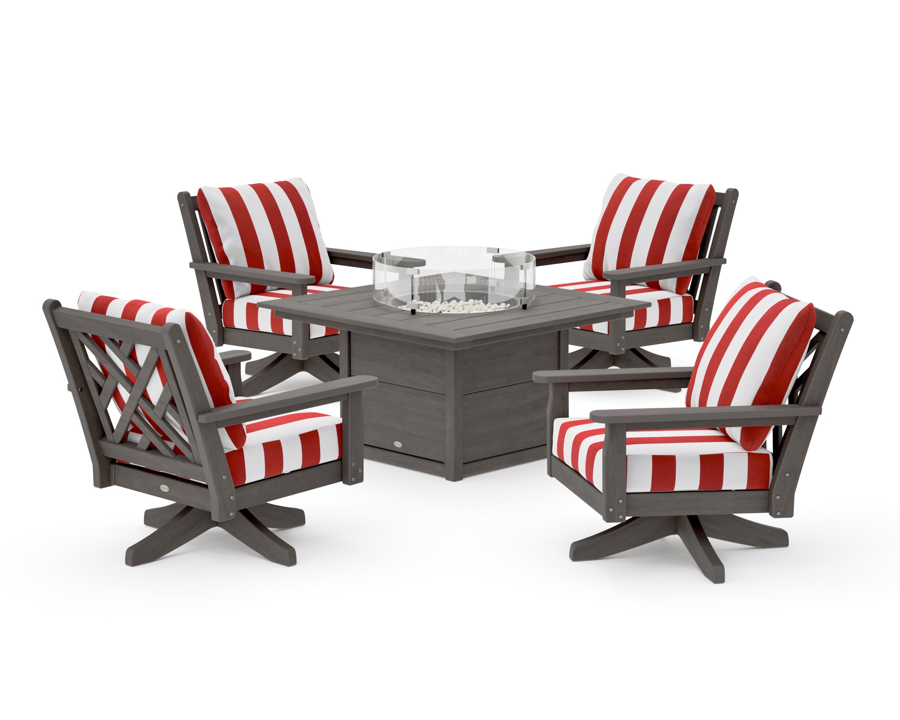 Chippendale 5-Piece Deep Seating Swivel Conversation Set with Fire Pit Table in Driftwood / Cabana Stripe Crimson