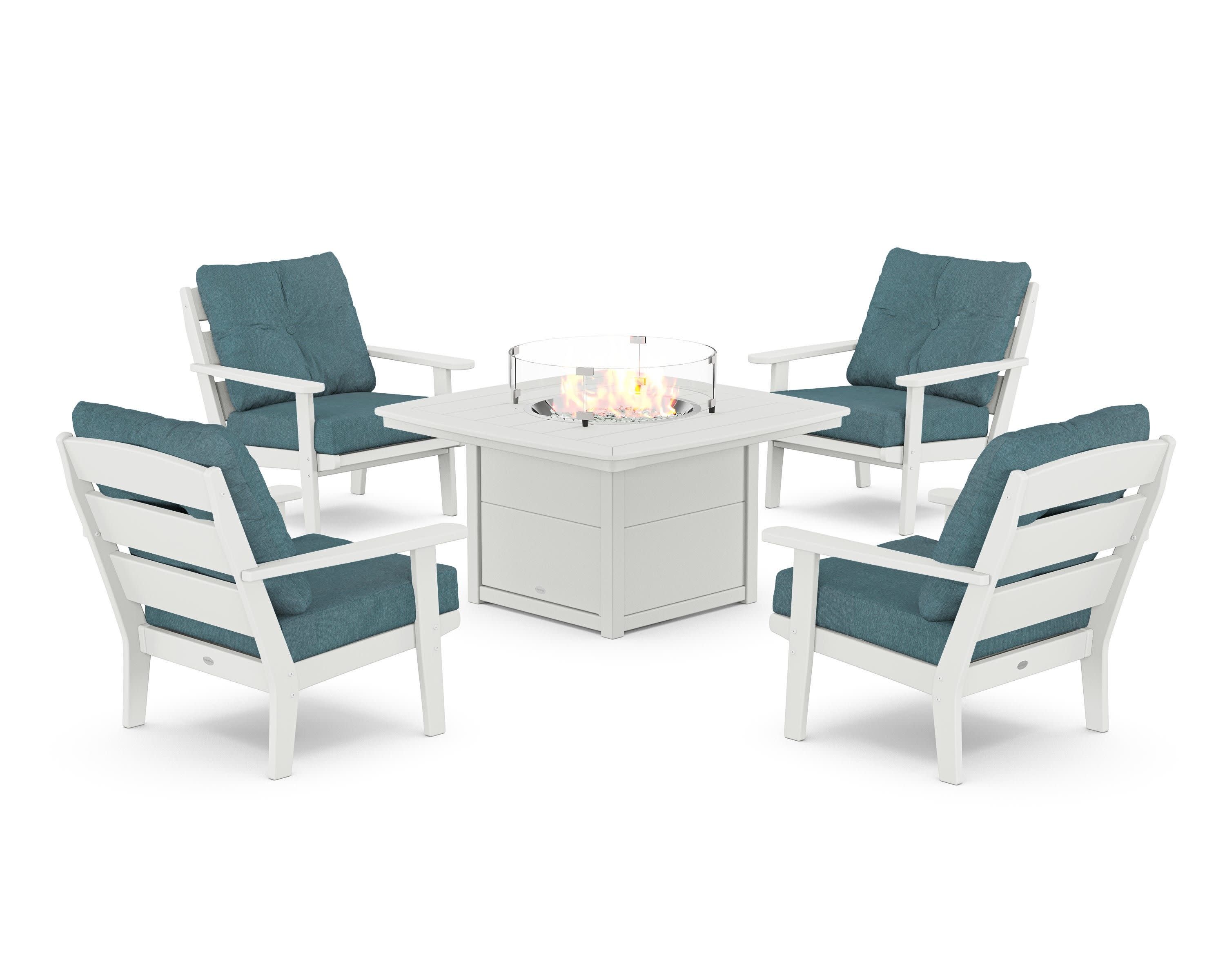 Lakeside 5-Piece Deep Seating Set with Nautical Fire Pit Table in White / Ocean Teal