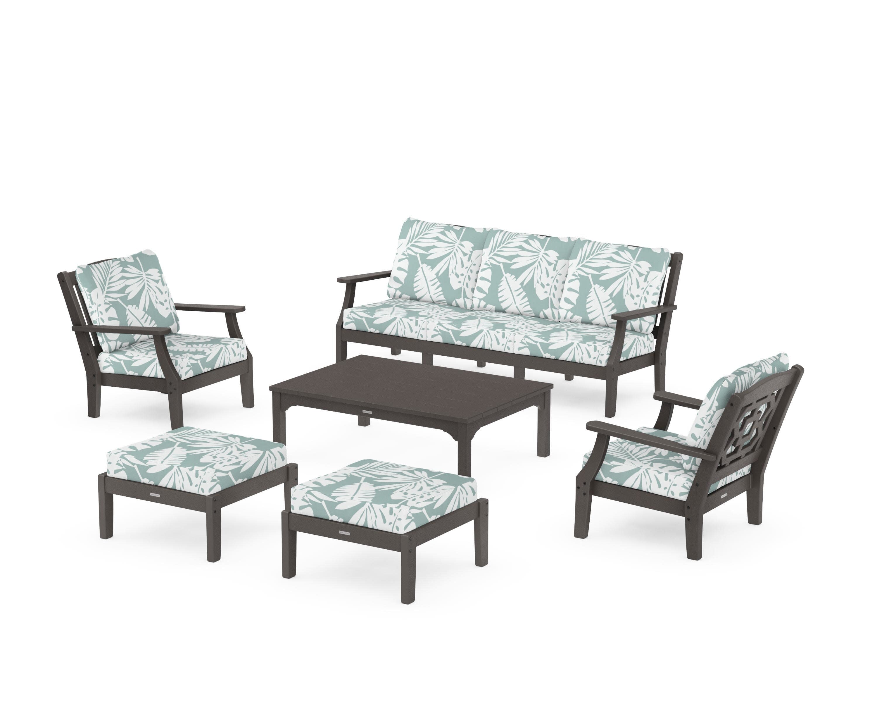 Chinoiserie 6-Piece Lounge Sofa Set in Vintage Coffee / Leaf Glacier Spa