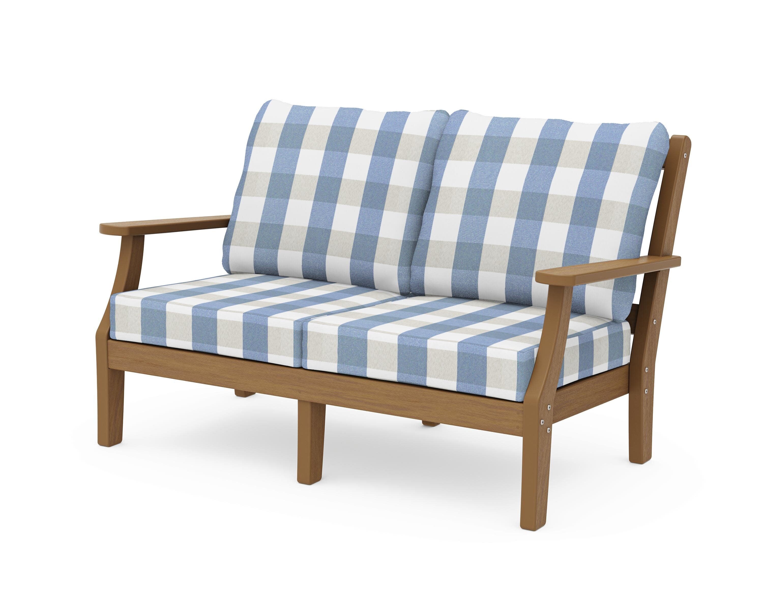 Chinoiserie Deep Seating Loveseat in Natural / Buffalo Plaid Sky Blue