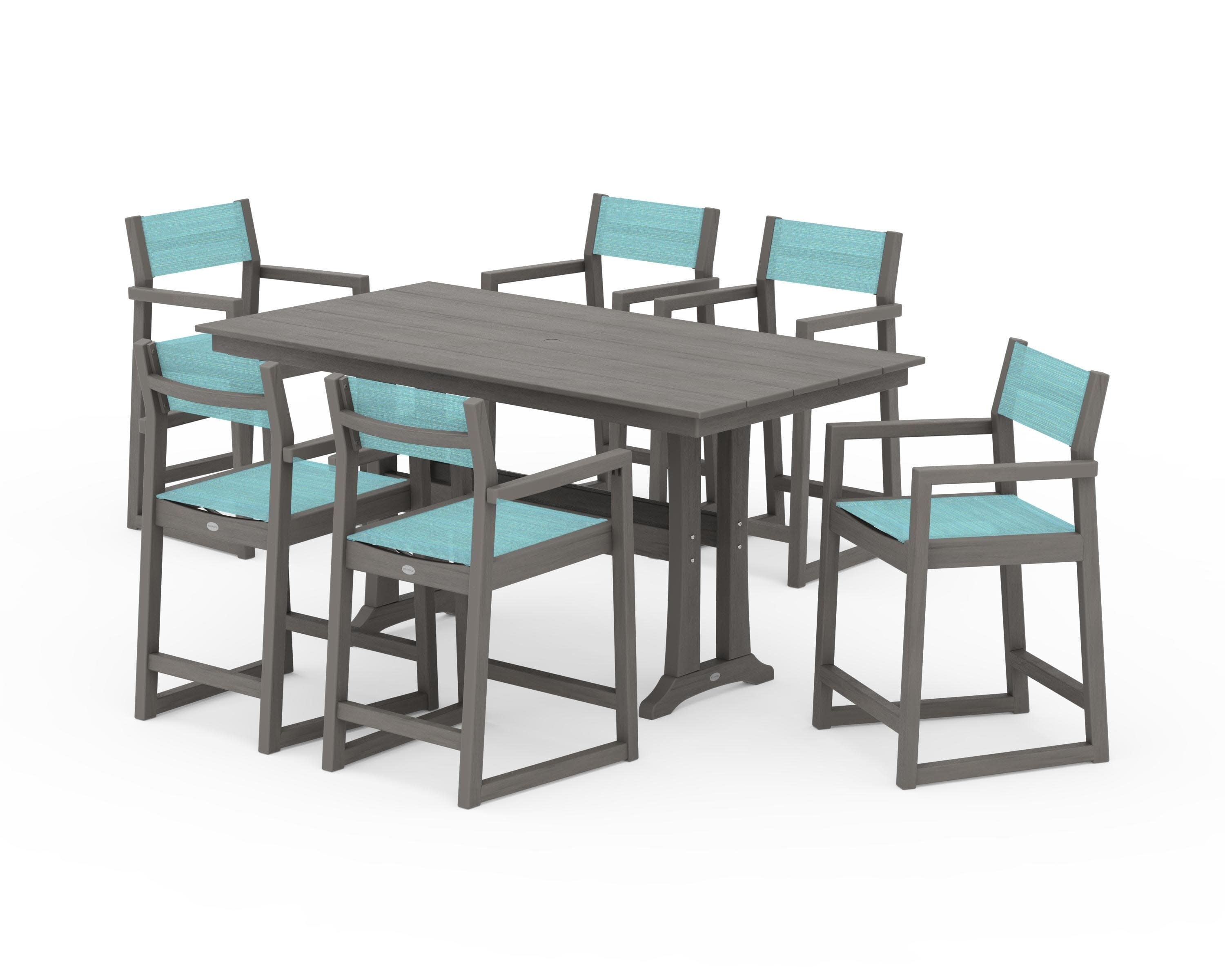 EDGE Sling Arm Chair 7-Piece Farmhouse Counter Set with Trestle Legs in Driftwood / Dupioni Aquamarine Sling