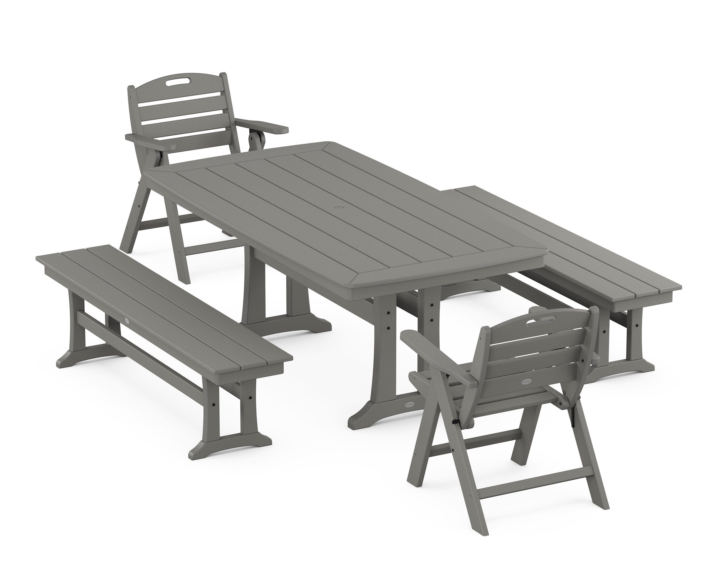 Nautical Folding Lowback Chair 5-Piece Dining Set with Trestle Legs and Benches in Slate Grey