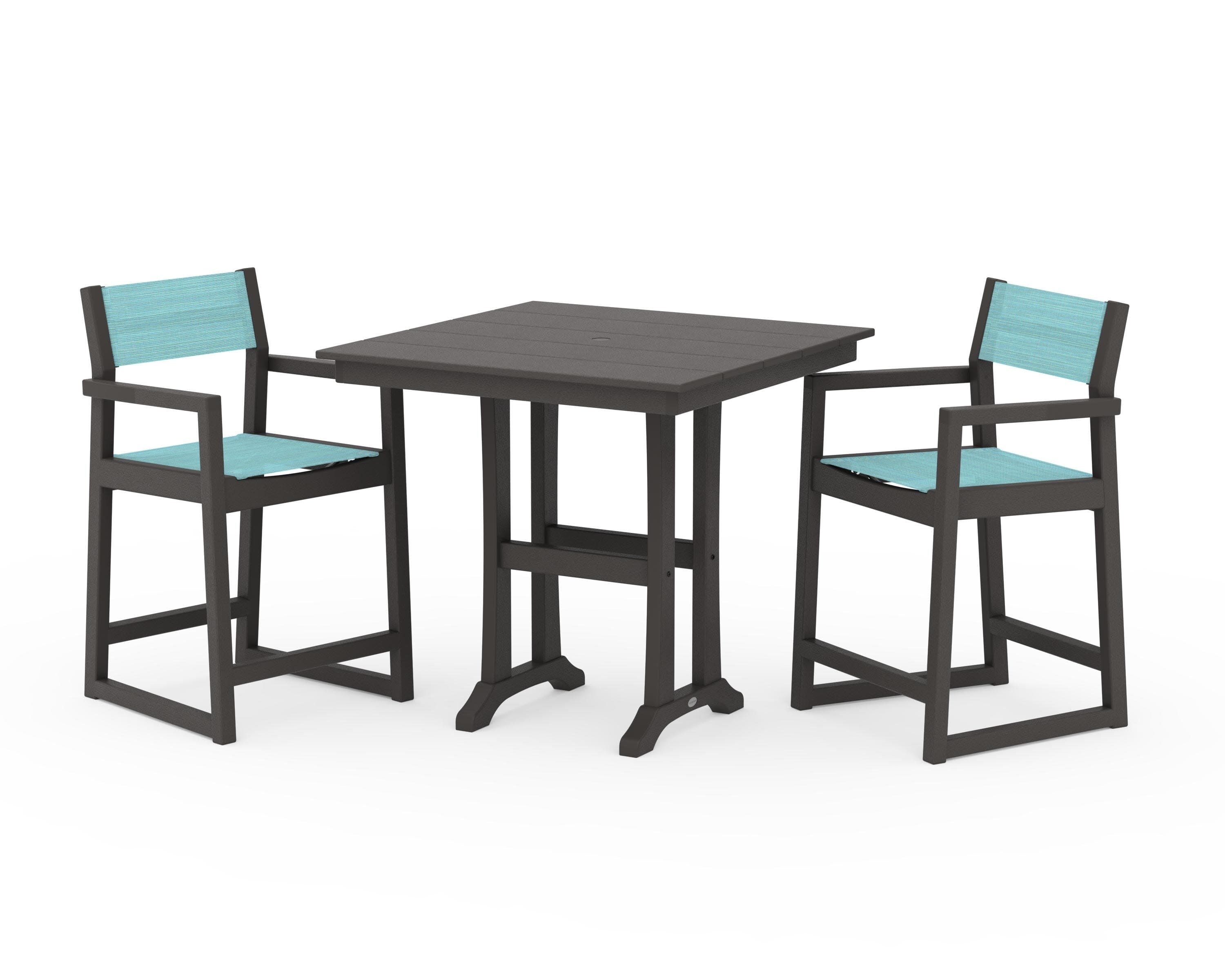 EDGE Sling Arm Chair 3-Piece Farmhouse Counter Set with Trestle Legs in Vintage Coffee / Dupioni Aquamarine Sling