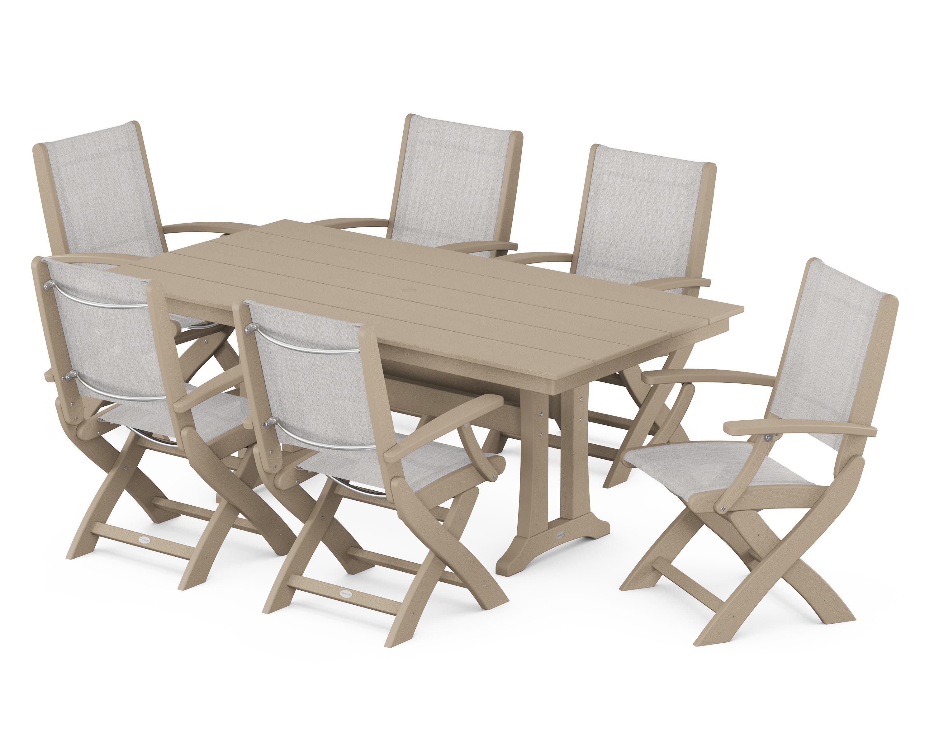 Coastal Folding Arm Chair 7-Piece Farmhouse Dining Set with Trestle Legs in Vintage Sahara / Parchment Sling