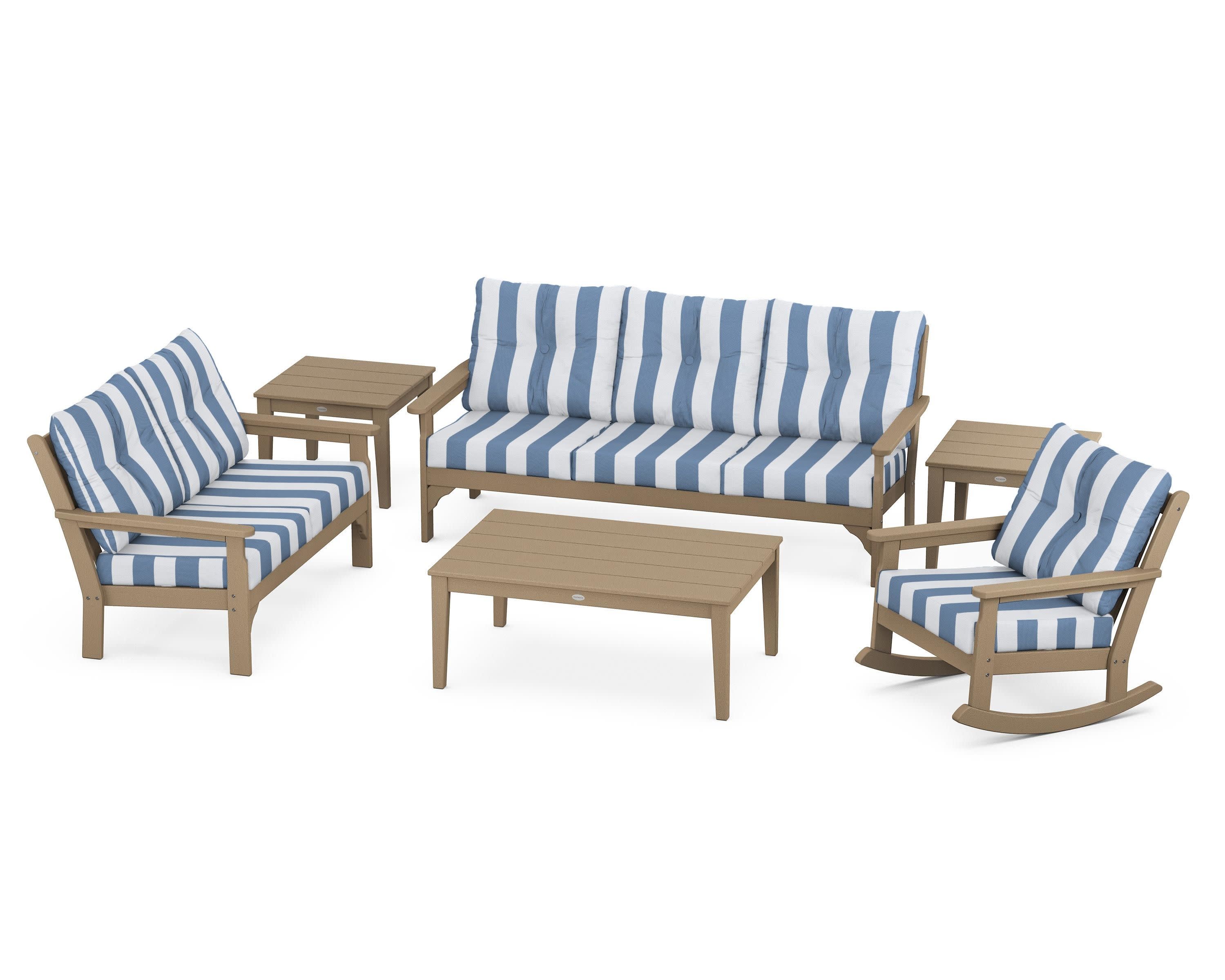 Vineyard 6-Piece Deep Seating Set in Vintage Sahara / Cabana Stripe Sky Blue