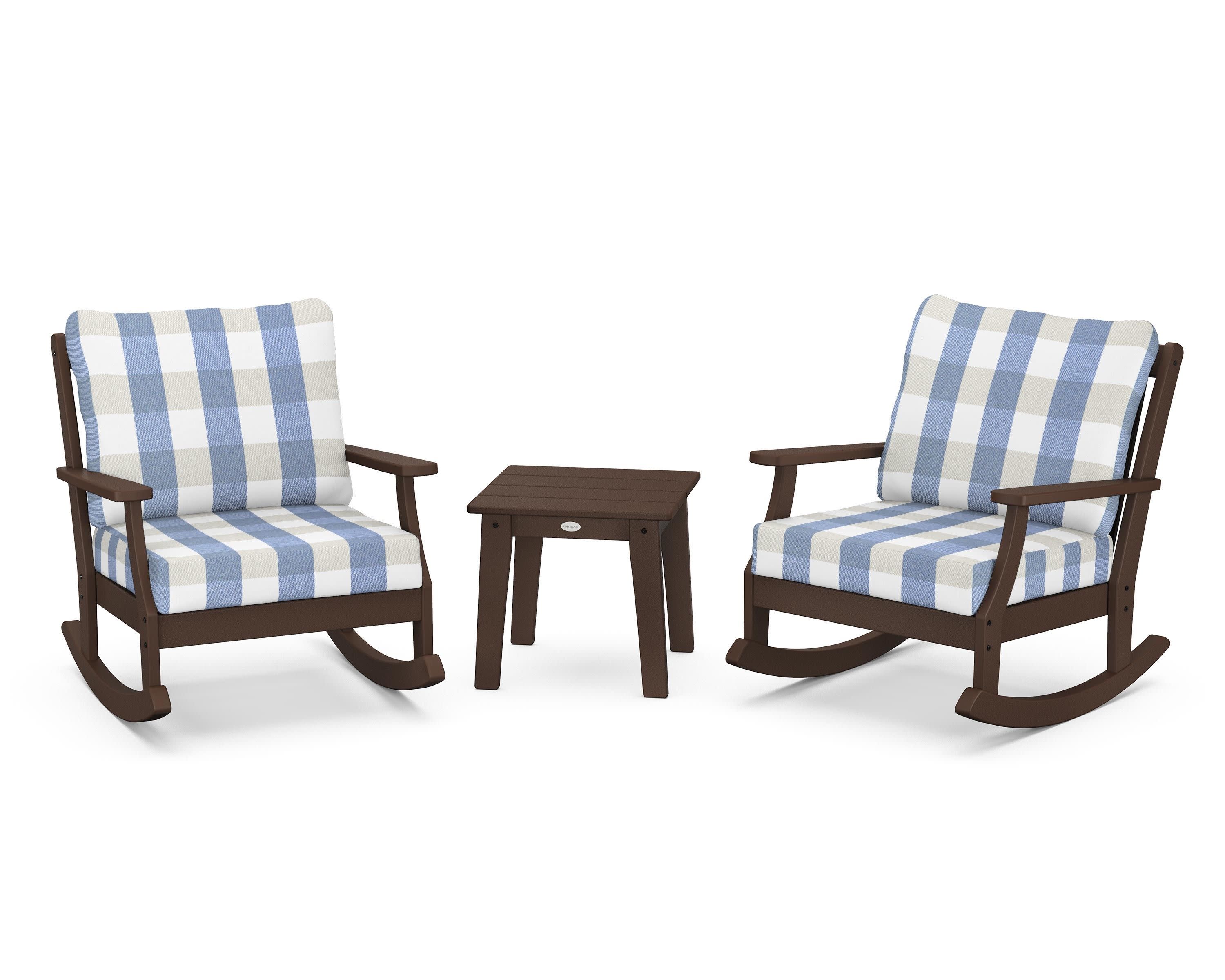 Braxton 3-Piece Deep Seating Rocker Set in Mahogany / Buffalo Plaid Sky Blue