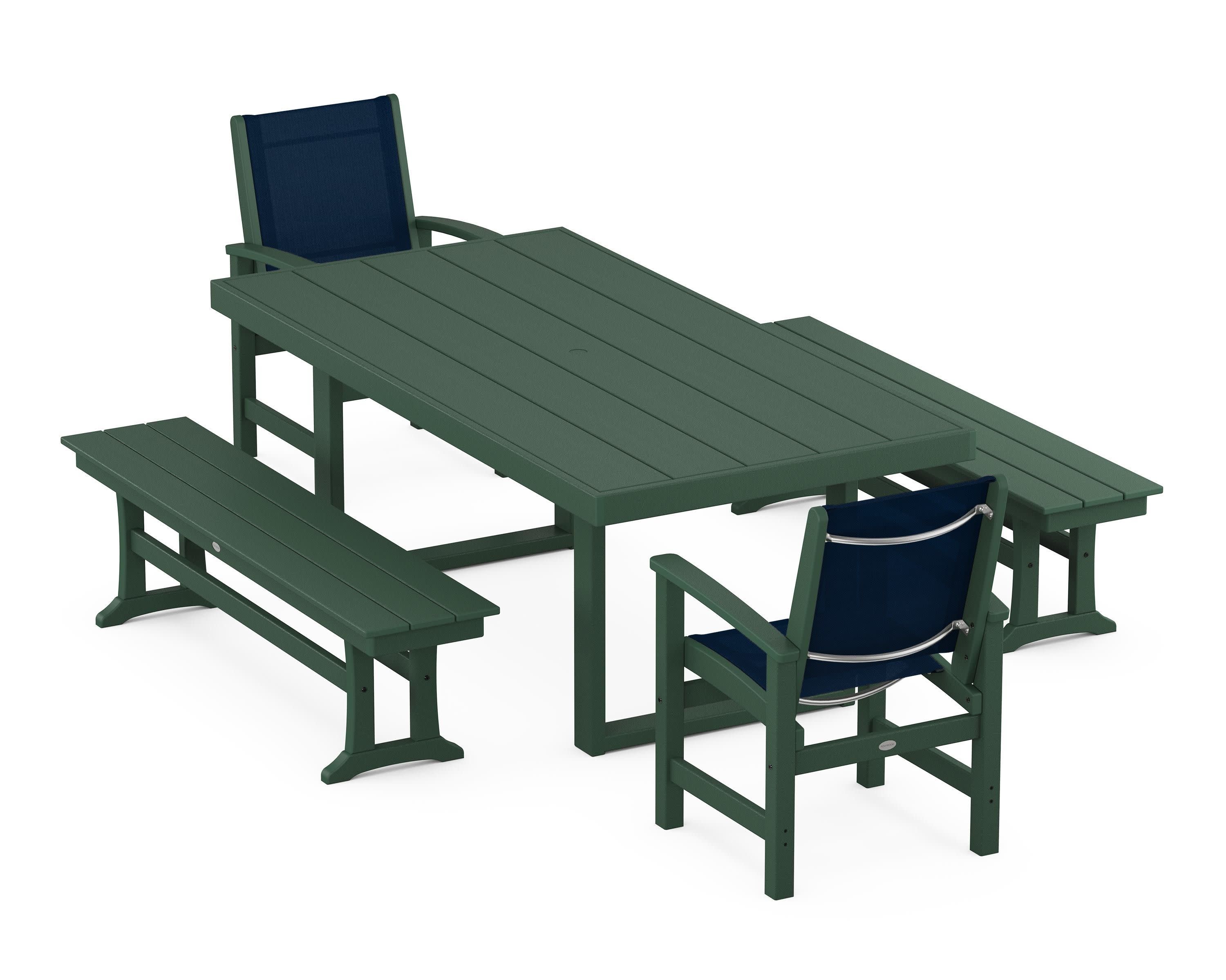 Coastal 5-Piece Dining Set with Trestle Legs in Green / Navy Blue Sling