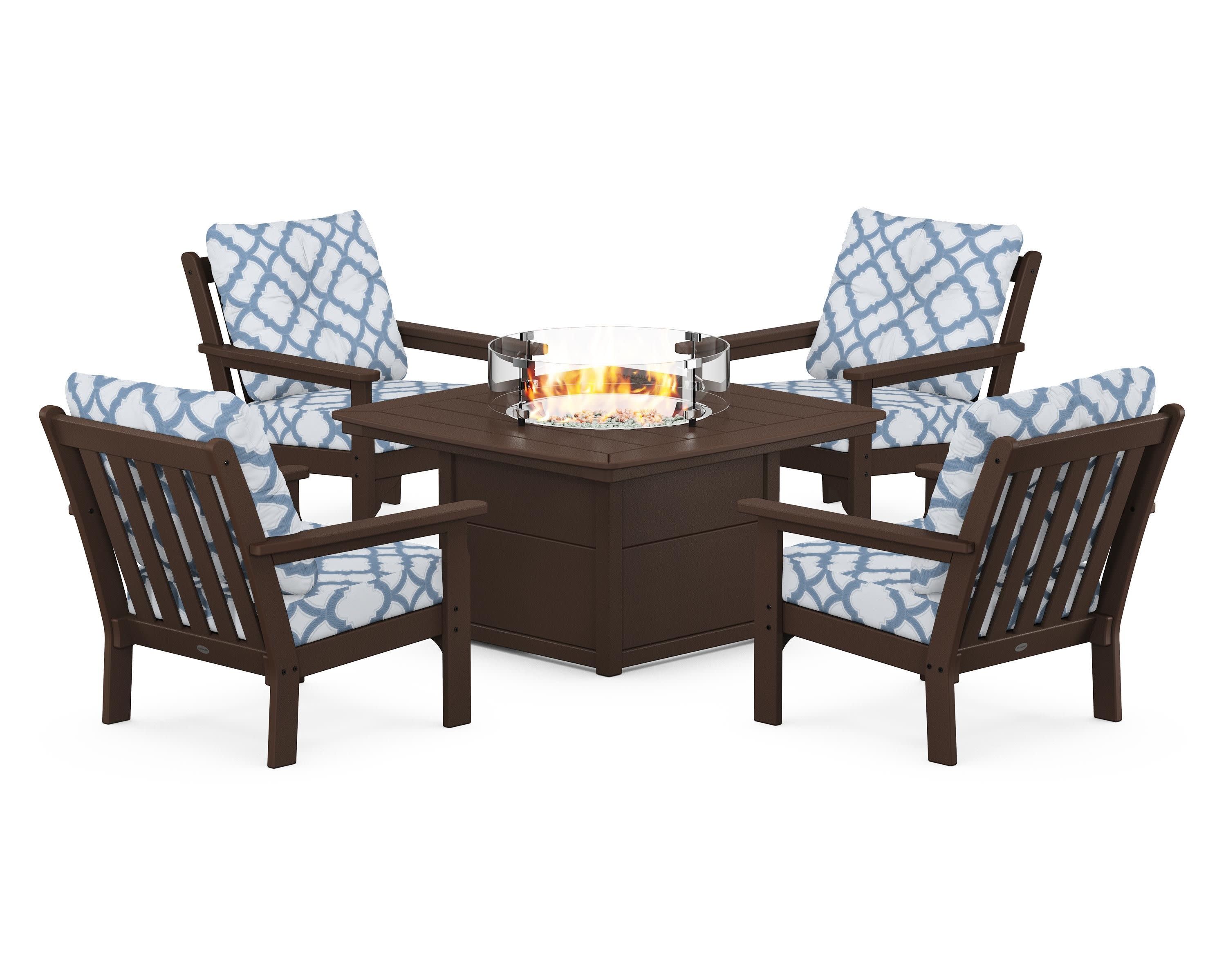 Vineyard 5-Piece Conversation Set with Fire Pit Table in Mahogany / Trellis Sky Blue
