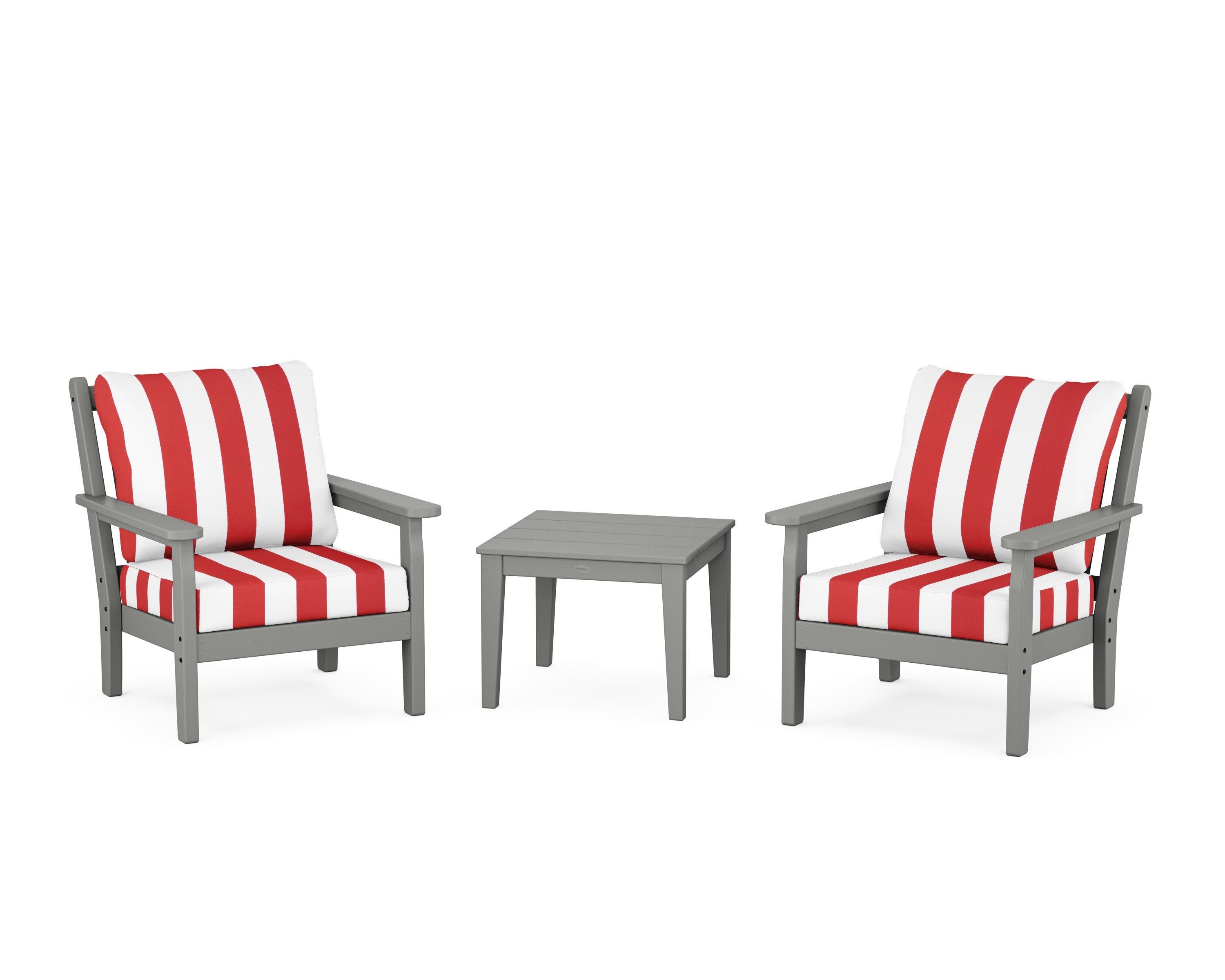 Chippendale 3-Piece Deep Seating Set in Slate Grey / Cabana Stripe Crimson
