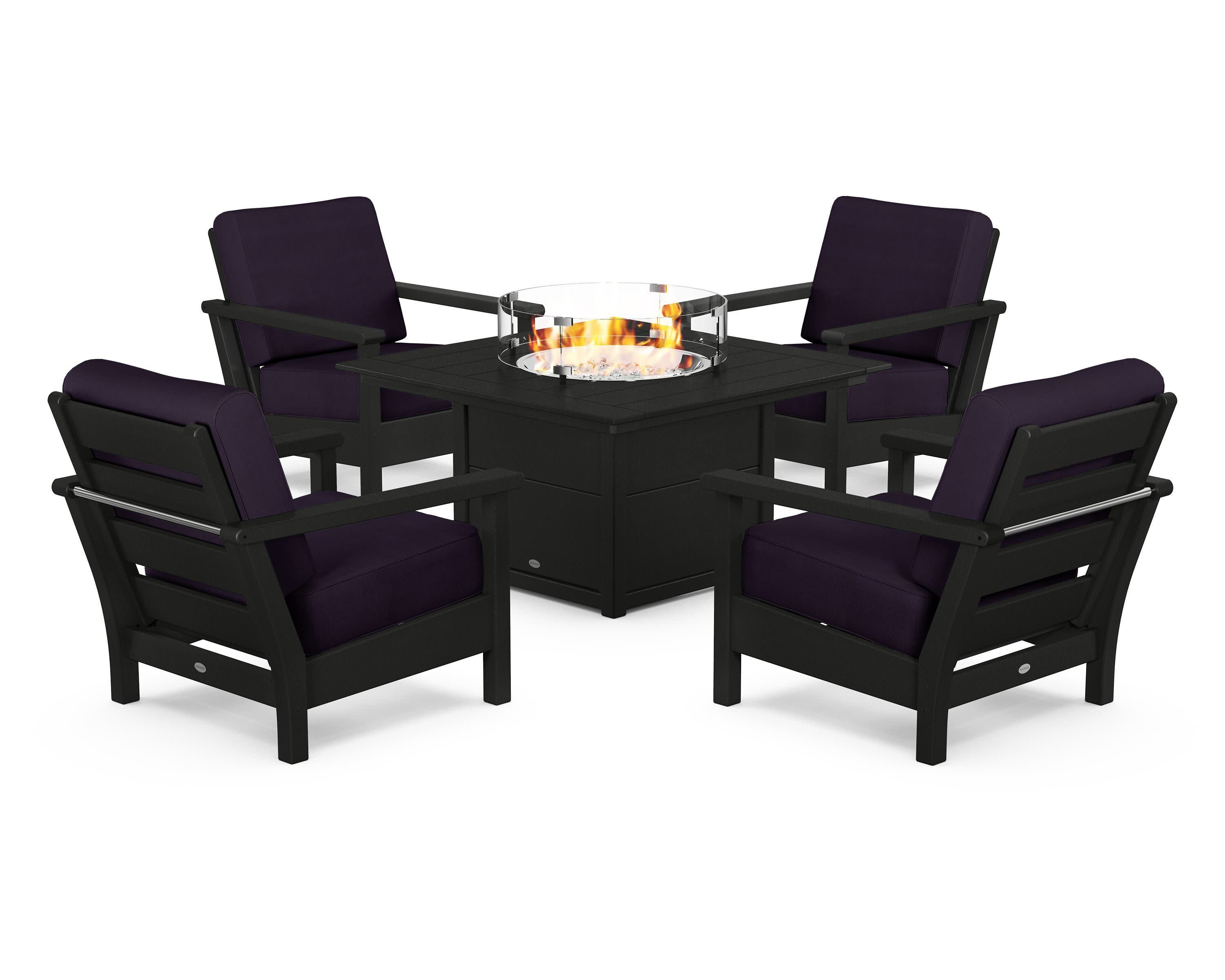 Harbour 5-Piece Conversation Set with Fire Pit Table in Black / Navy Linen