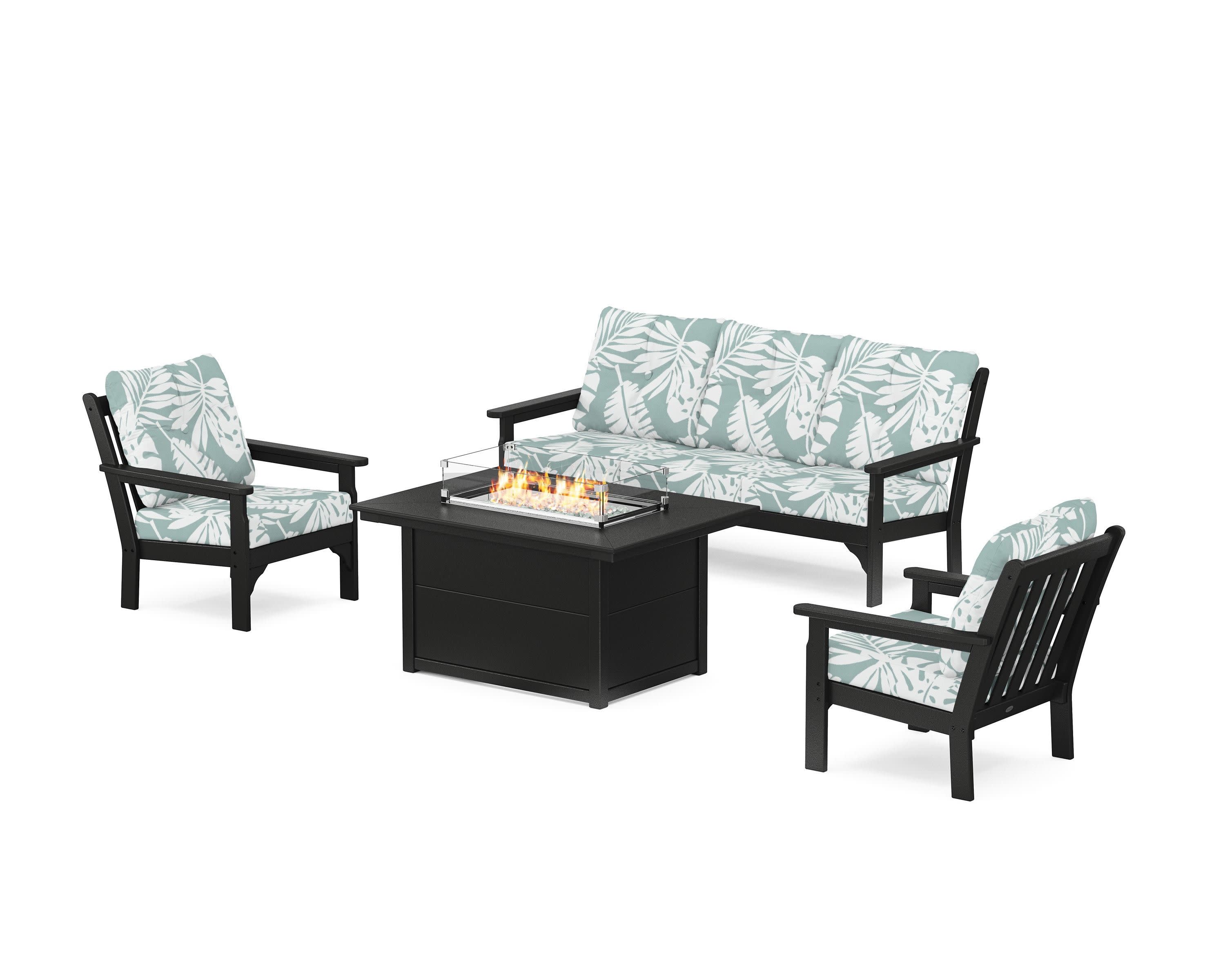 Vineyard Deep Seating Fire Pit Table Set in Black / Leaf Glacier Spa