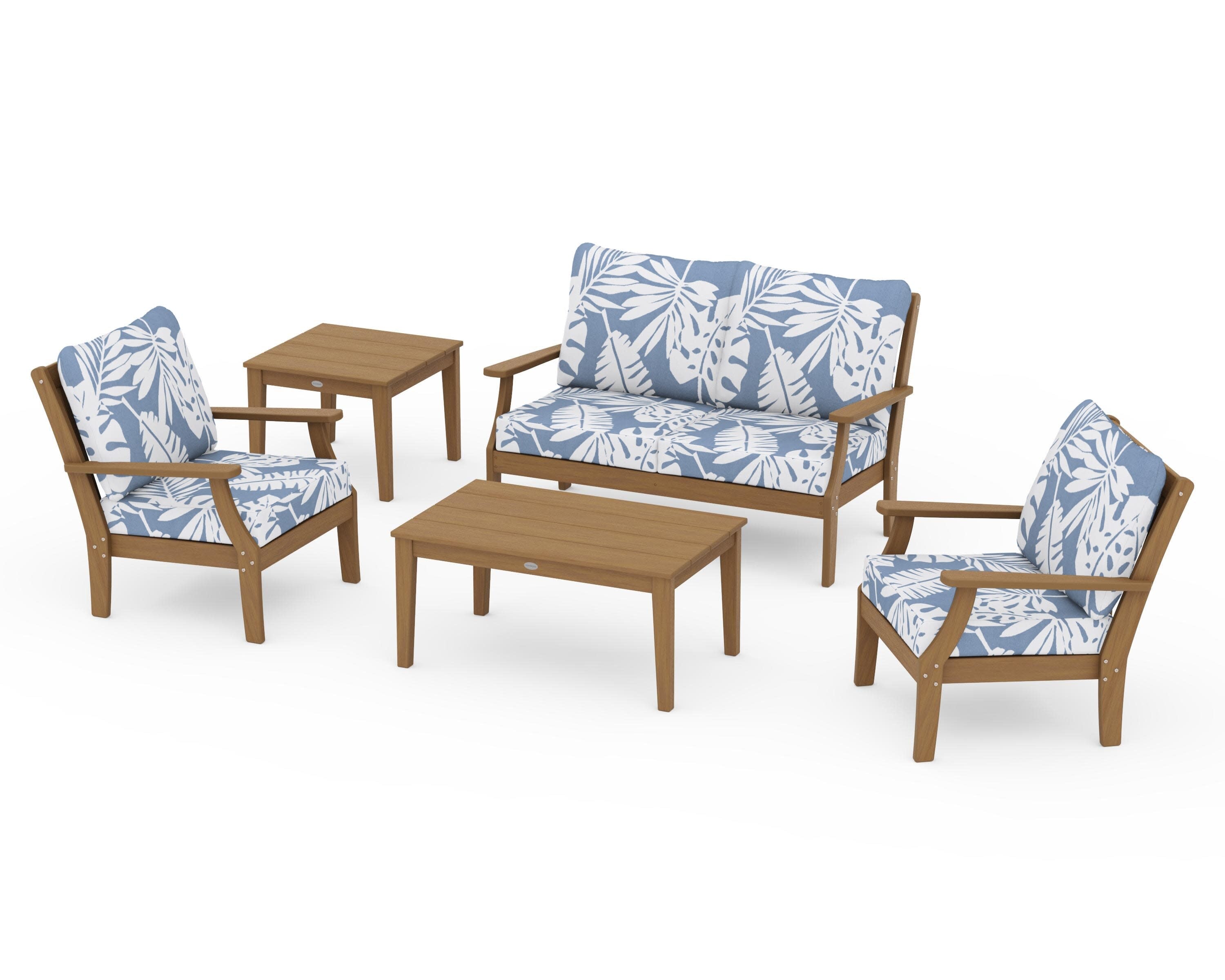 Braxton 5-Piece Deep Seating Set in Natural / Leaf Sky Blue