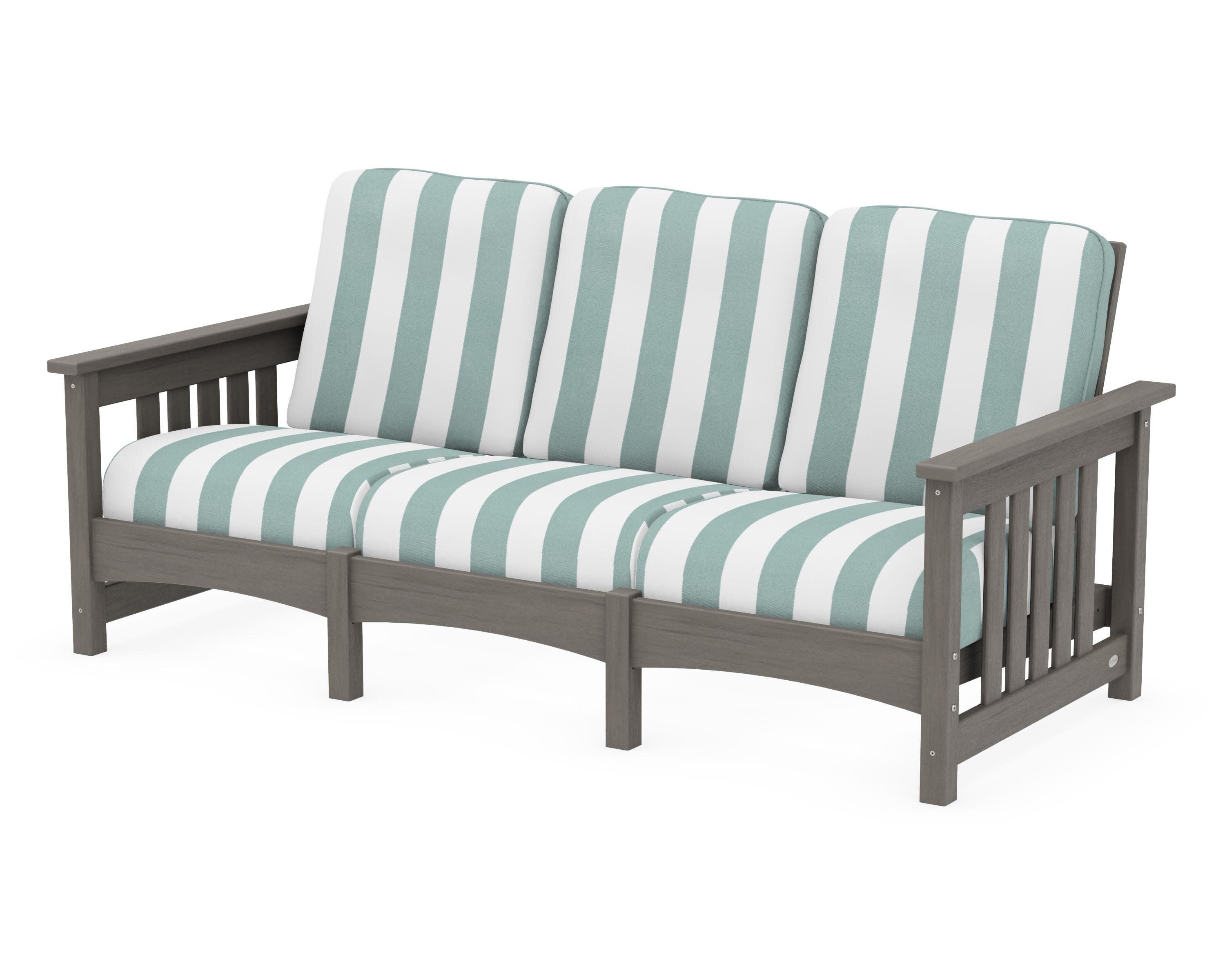 Club Mission Sofa in Driftwood / Cabana Stripe Glacier Spa