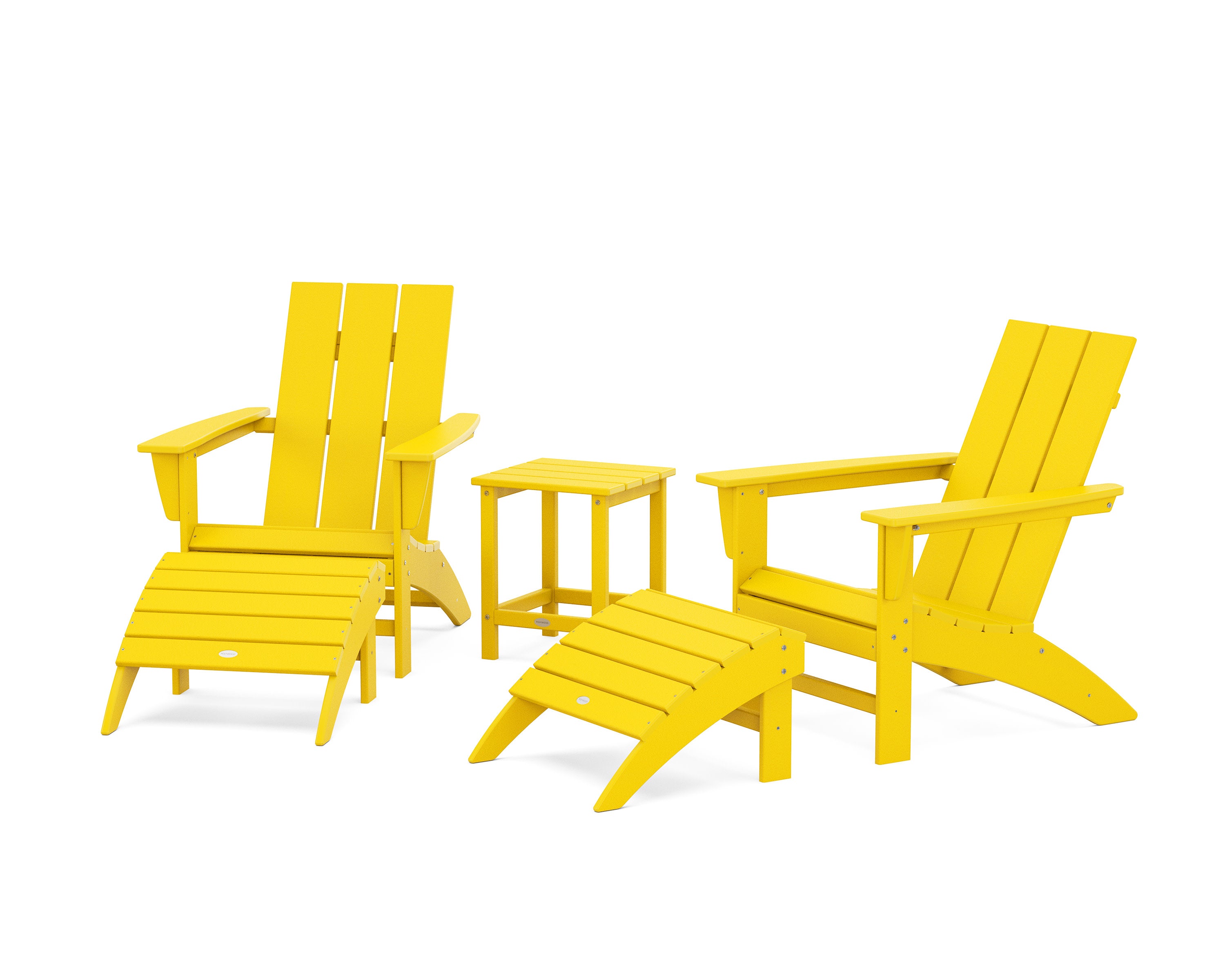Modern Adirondack Chair 5-Piece Set with Ottomans and 18" Side Table in Lemon