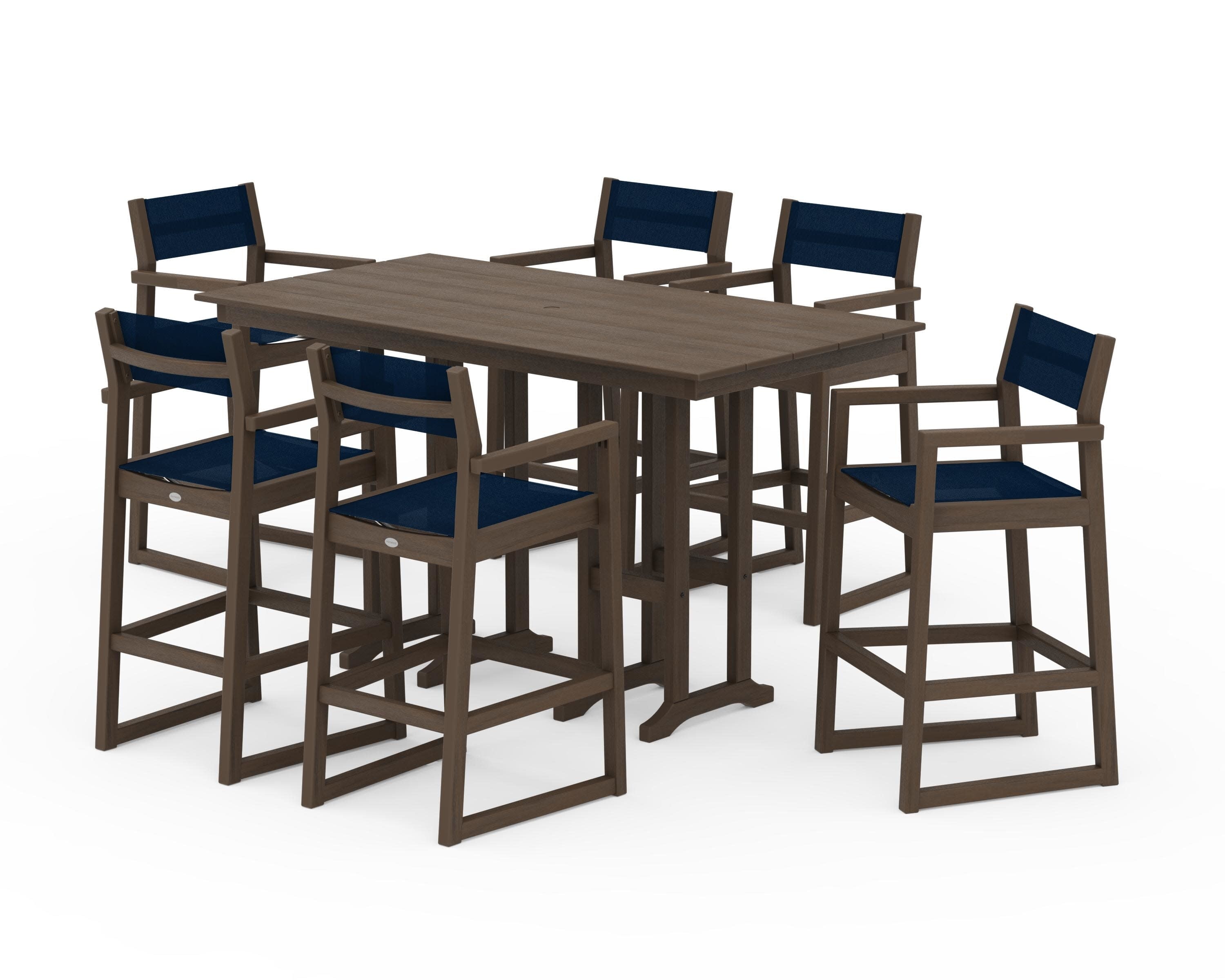EDGE Sling Arm Chair 7-Piece Farmhouse Bar Set in Kona / Navy Blue Sling