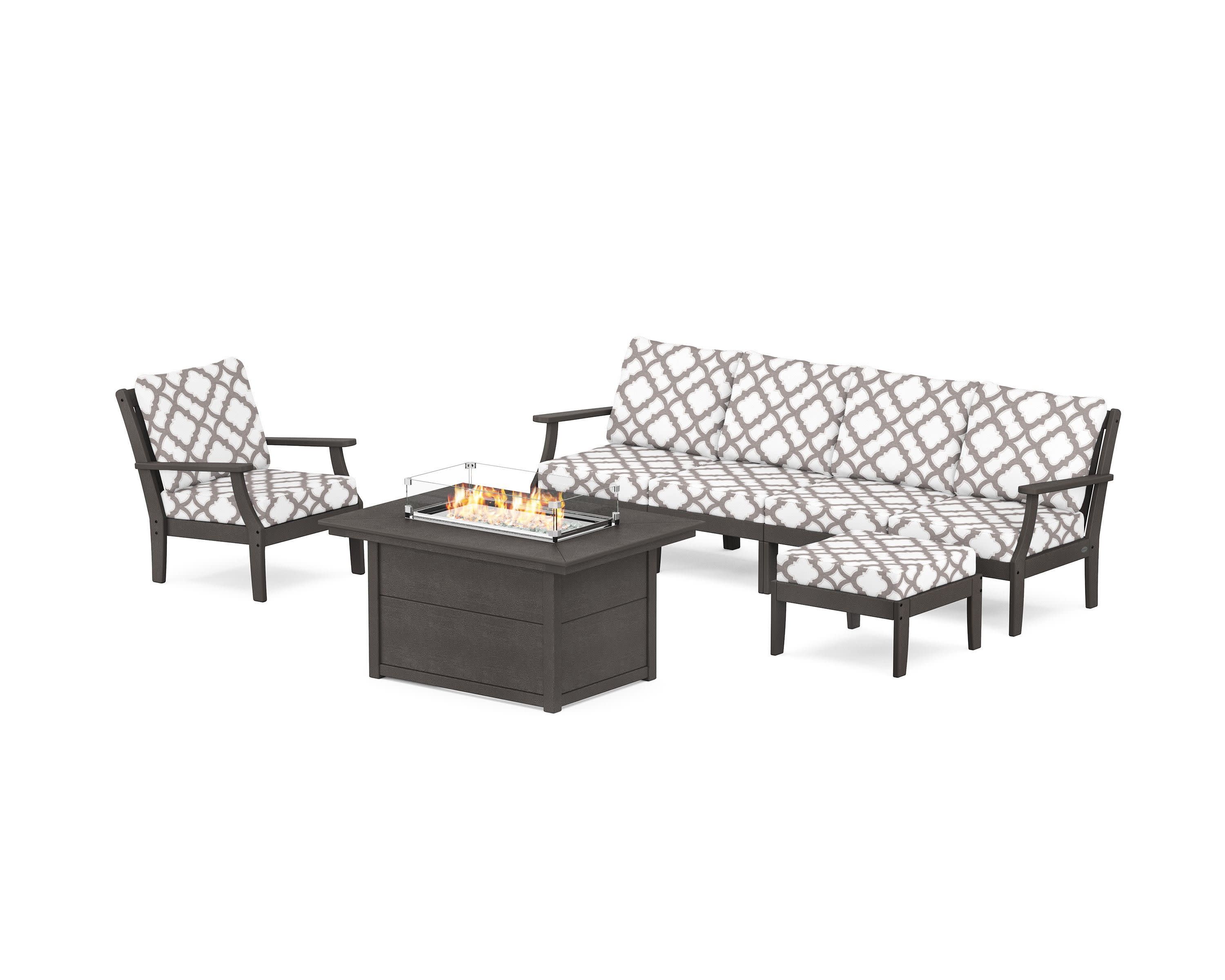 Braxton Sectional Lounge and Fire Pit Set in Vintage Coffee / Trellis Grey Mist