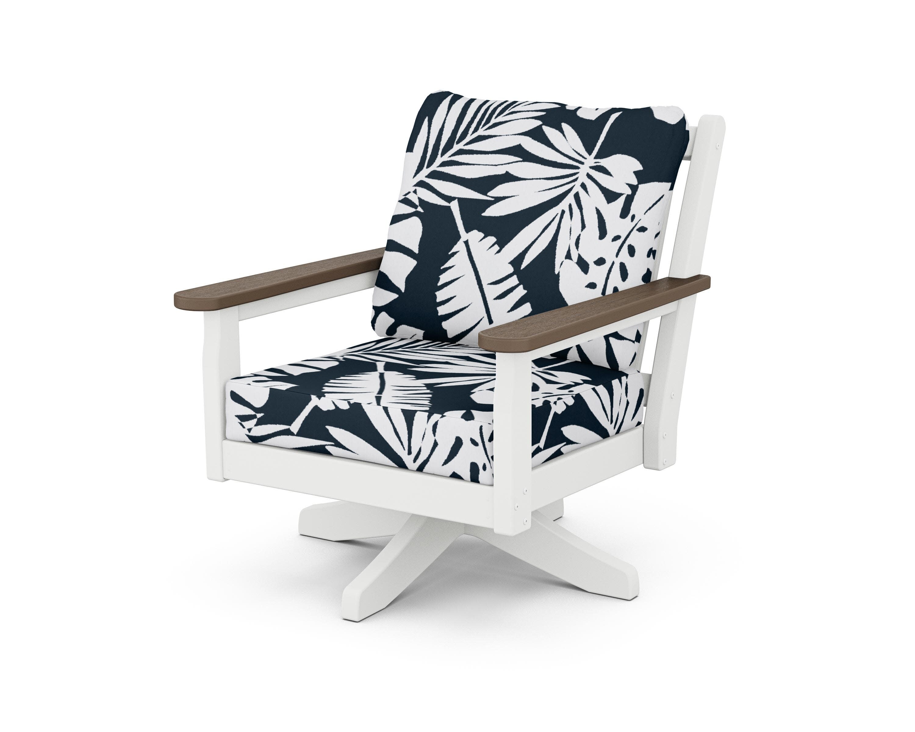 Chippendale Deep Seating Swivel Chair in White / Kona / Leaf Marine Indigo