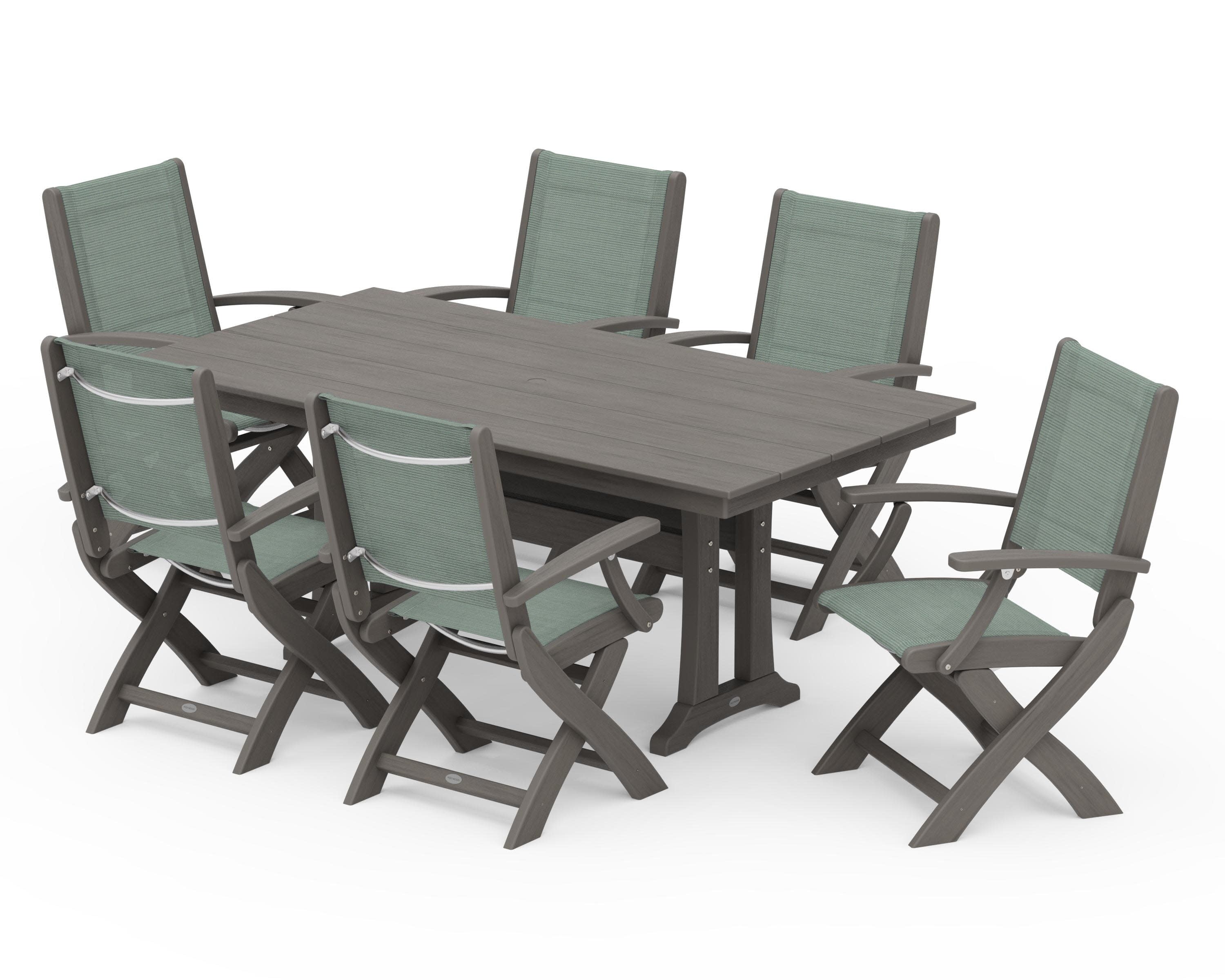 Coastal Folding Arm Chair 7-Piece Farmhouse Dining Set with Trestle Legs in Driftwood / Dupioni Sea Mist Sling