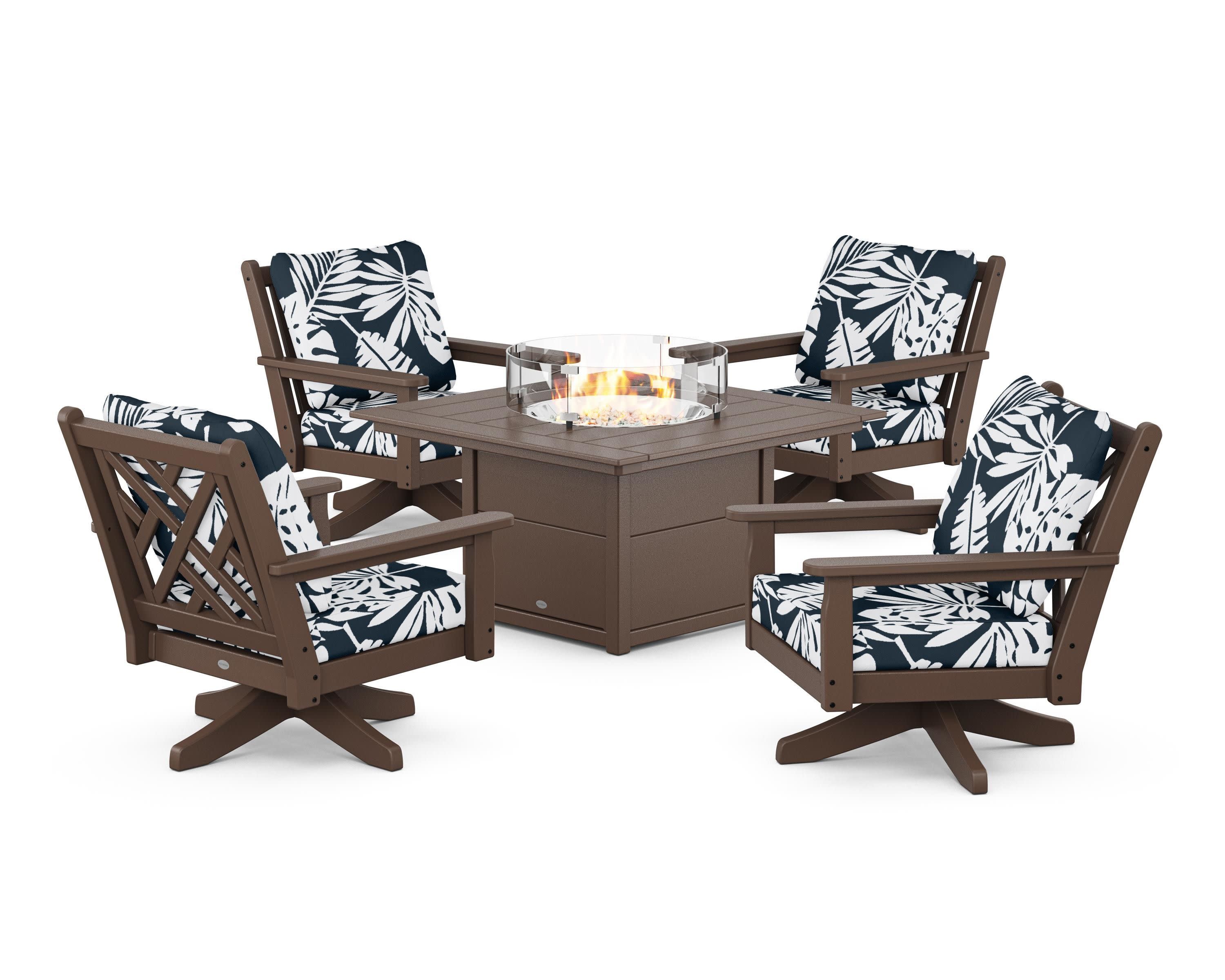 Chippendale 5-Piece Deep Seating Swivel Conversation Set with Fire Pit Table in Mahogany / Leaf Marine Indigo