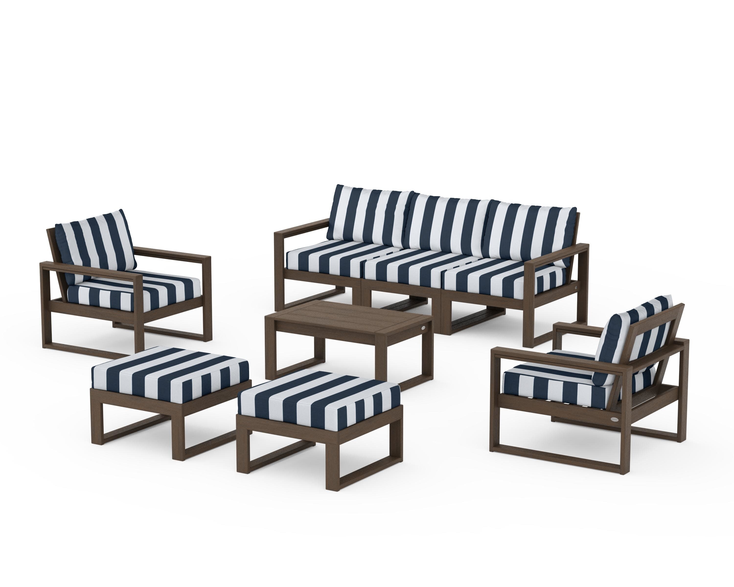 EDGE Sectional 8-Piece Lounge Sofa Set in Kona / Cabana Stripe Marine Indigo