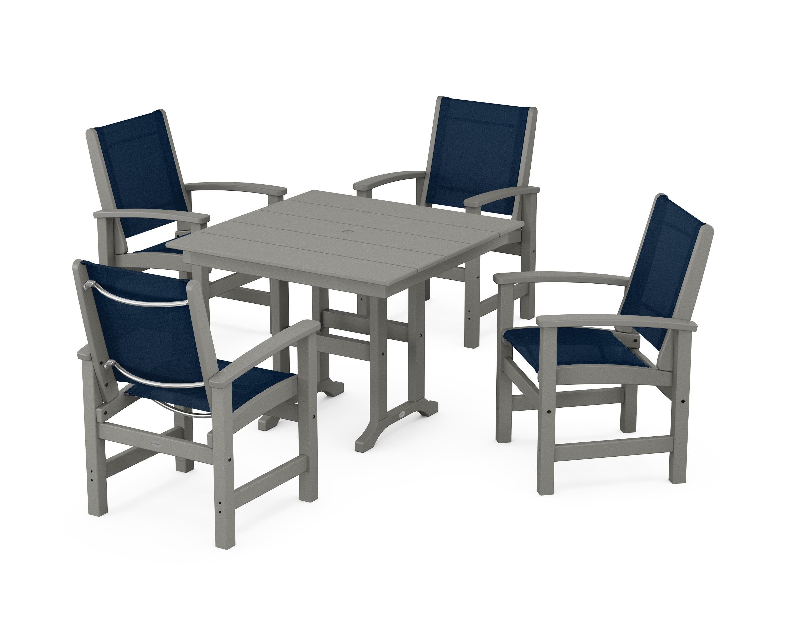 Coastal 5-Piece Farmhouse Dining Set in Slate Grey / Navy Blue Sling