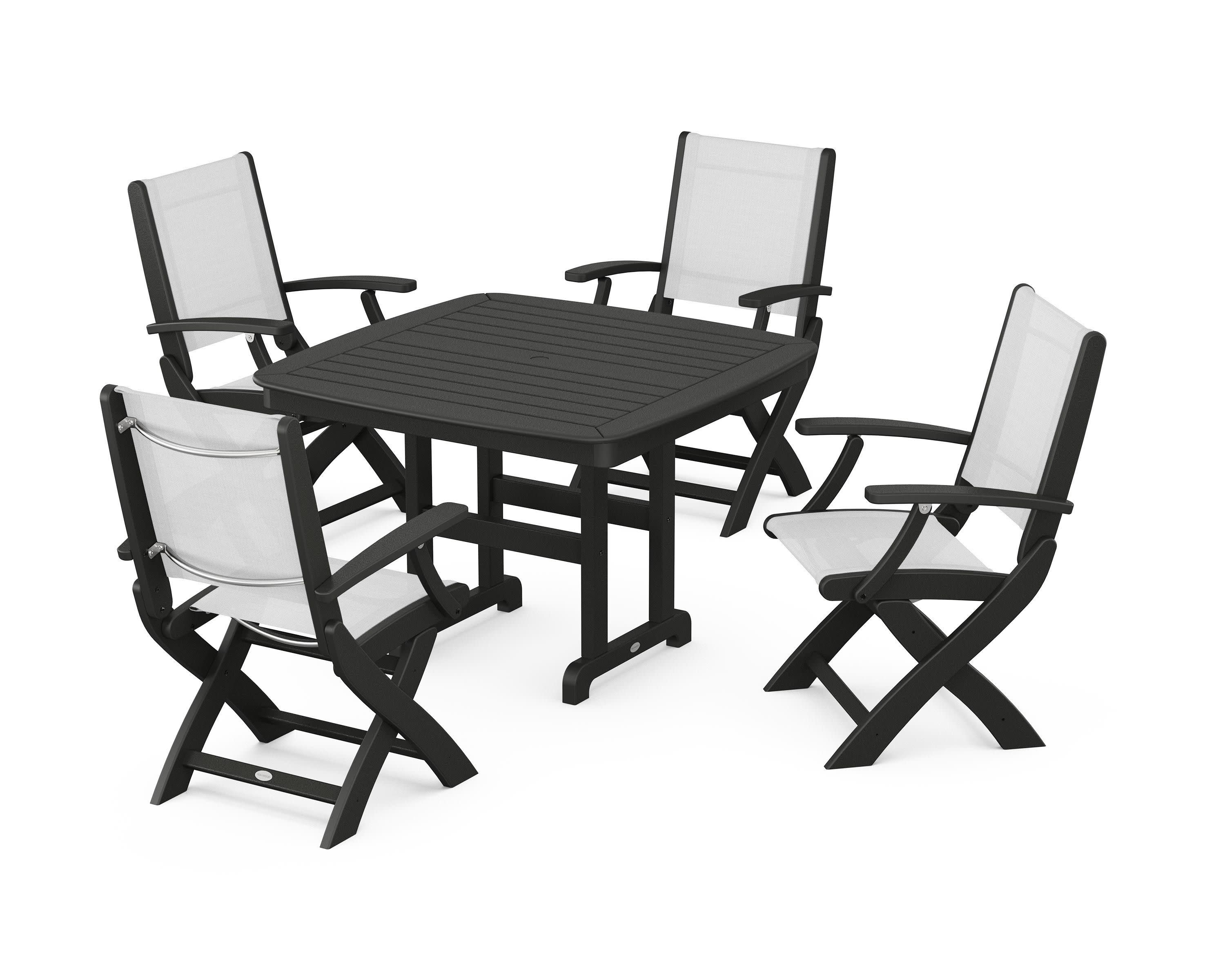 Coastal Folding Chair 5-Piece Dining Set in Black / White Sling