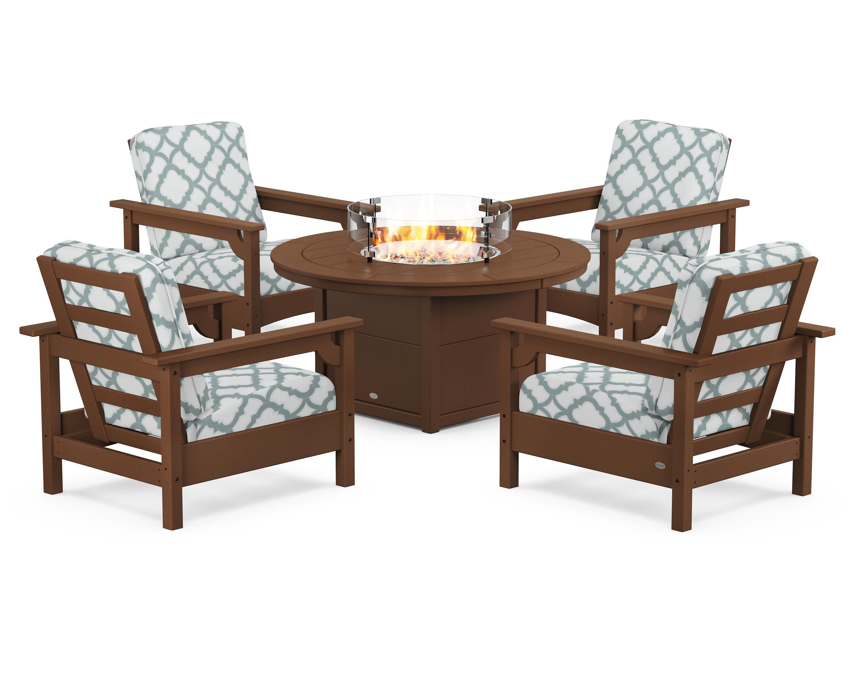 Club 5-Piece Conversation Set with Fire Pit Table in Teak / Trellis Glacier Spa
