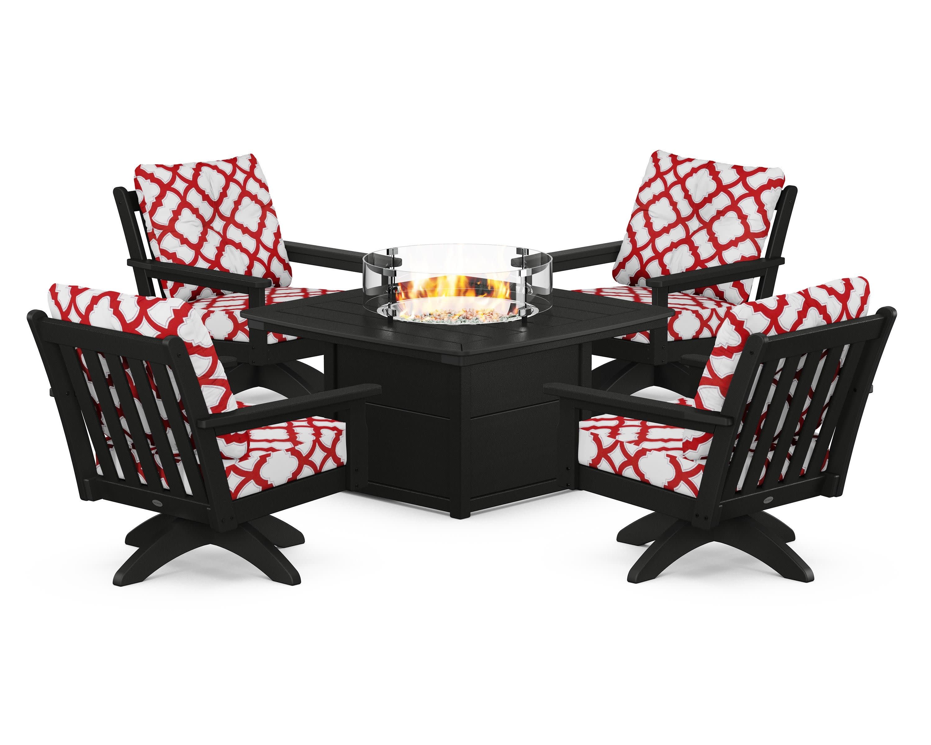 Vineyard 5-Piece Deep Seating Swivel Conversation Set with Fire Pit Table in Black / Trellis Crimson