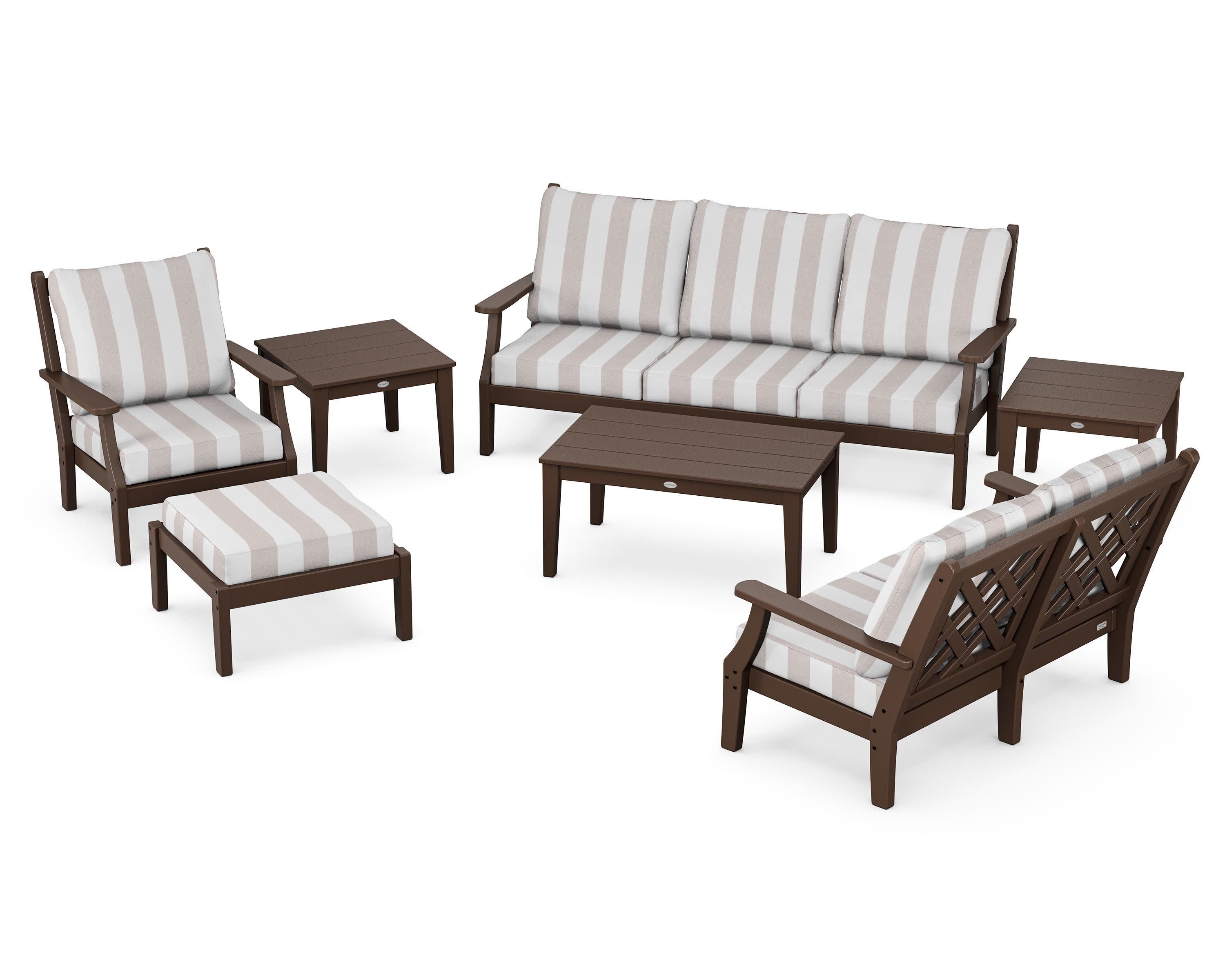 Wovendale 7-Piece Deep Seating Set in Mahogany / Cabana Stripe Dune Burlap