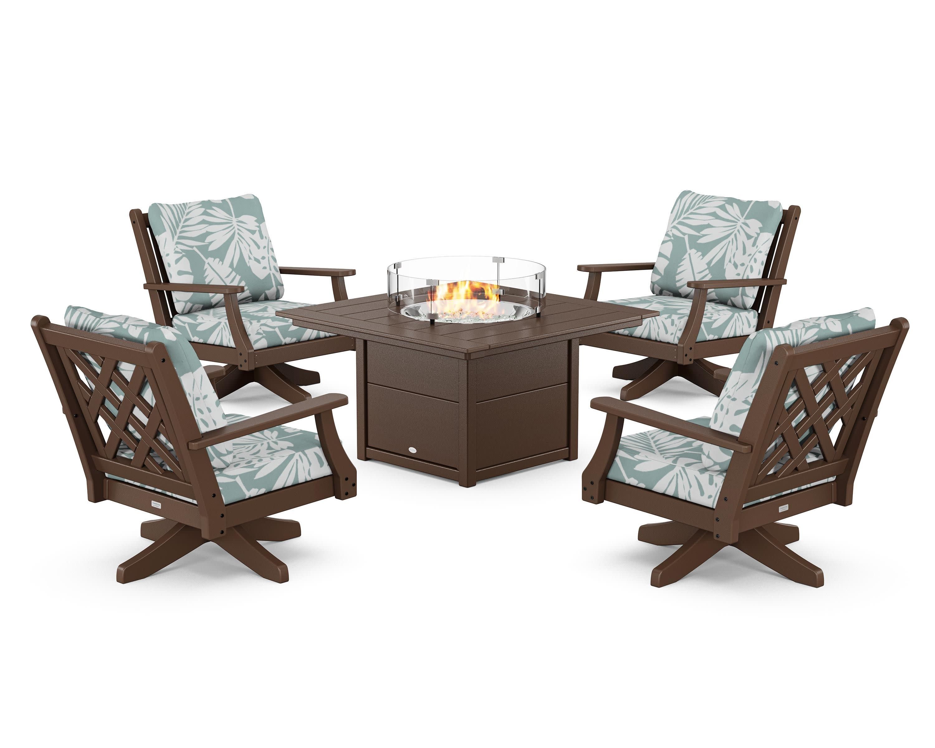 Wovendale 5-Piece Deep Seating Swivel Conversation Set with Fire Pit Table in Mahogany / Leaf Glacier Spa