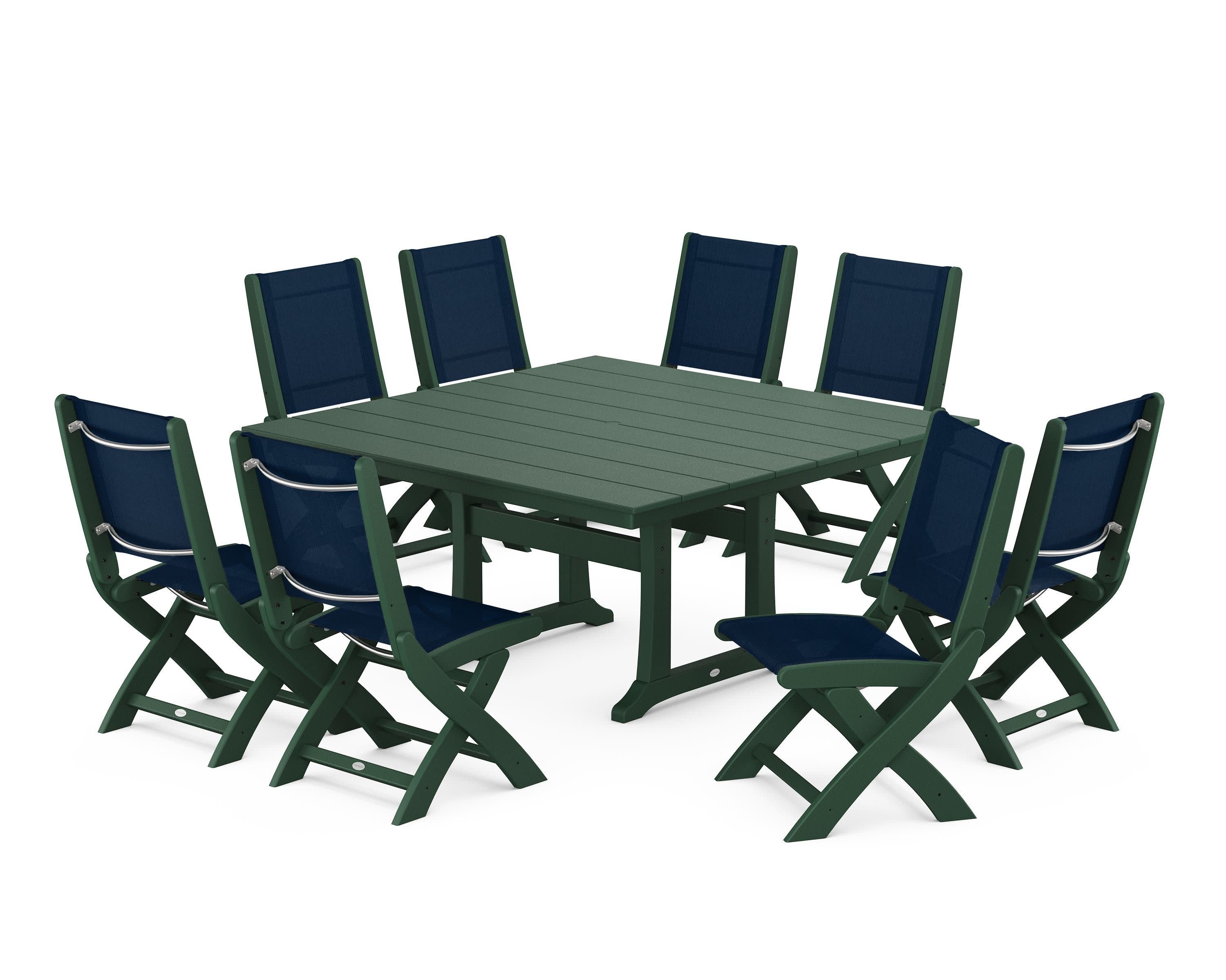 Coastal Folding Side Chair 9-Piece Farmhouse Dining Set in Green / Navy Blue Sling