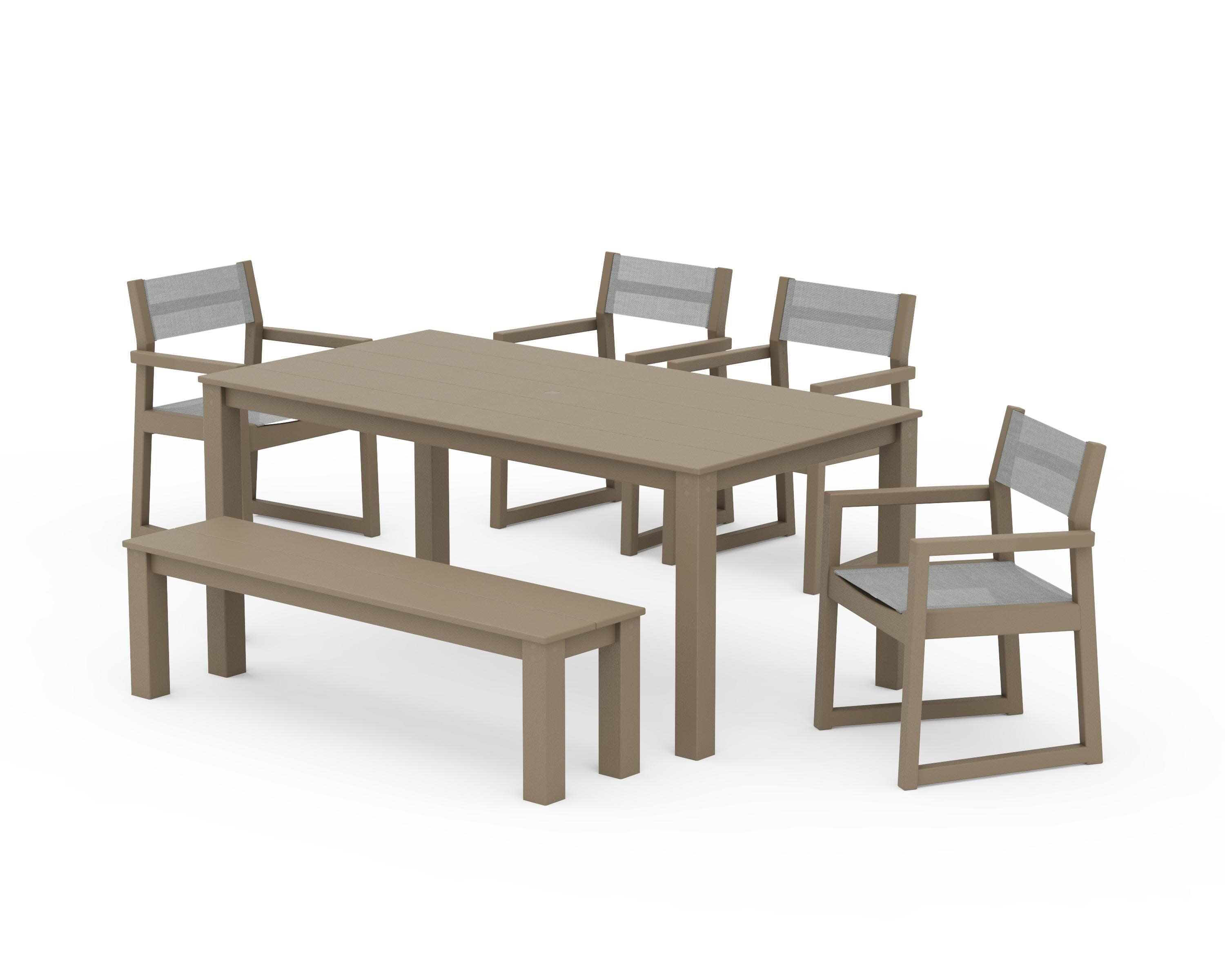 EDGE Sling Arm Chair 6-Piece Parsons Dining Set with Bench in Vintage Sahara / Metallic Sling