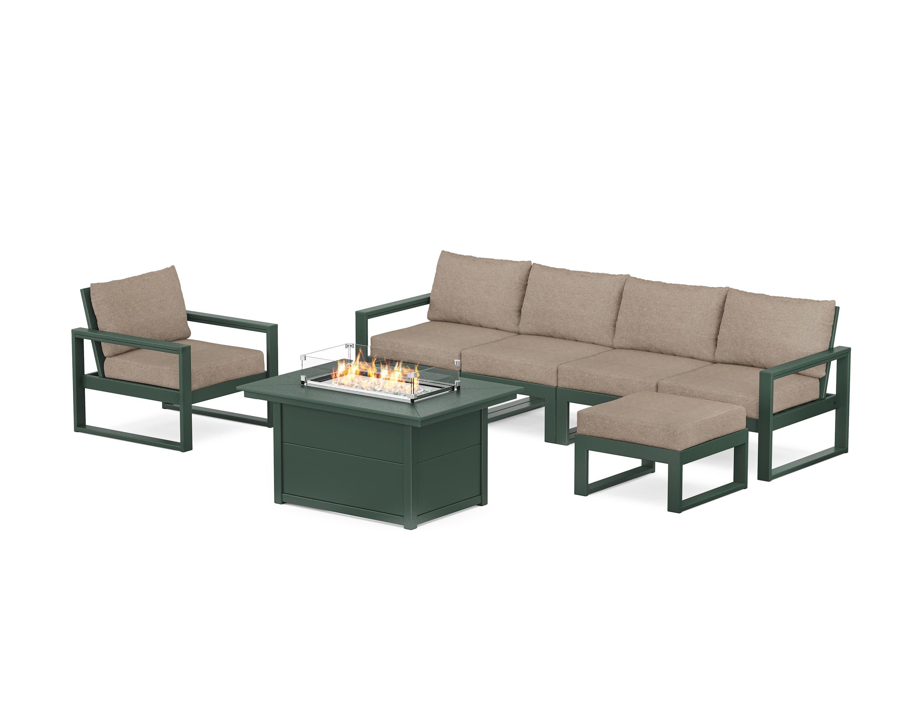EDGE Sectional Lounge and Fire Pit Set in Green / Spiced Burlap