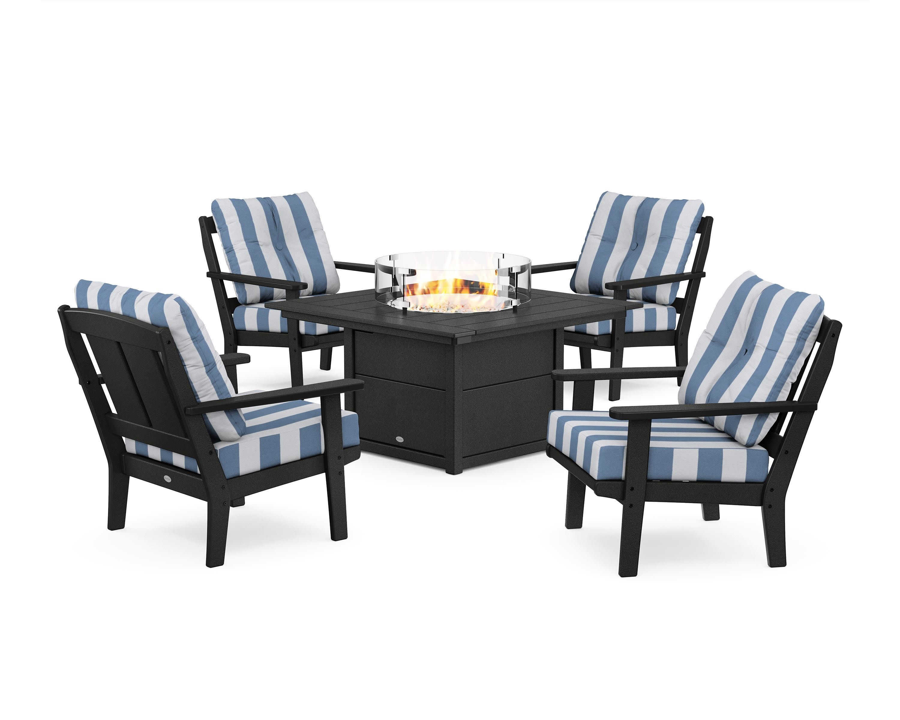 Mission 5-Piece Deep Seating Set with Fire Pit Table in Black / Cabana Stripe Sky Blue