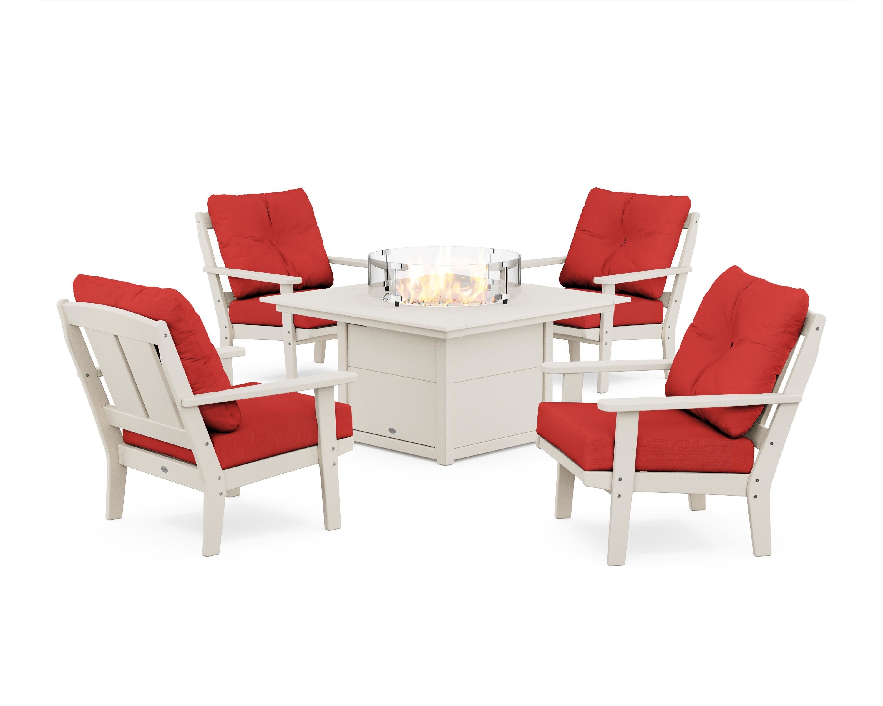 Mission 5-Piece Deep Seating Set with Fire Pit Table in Sand / Crimson Linen