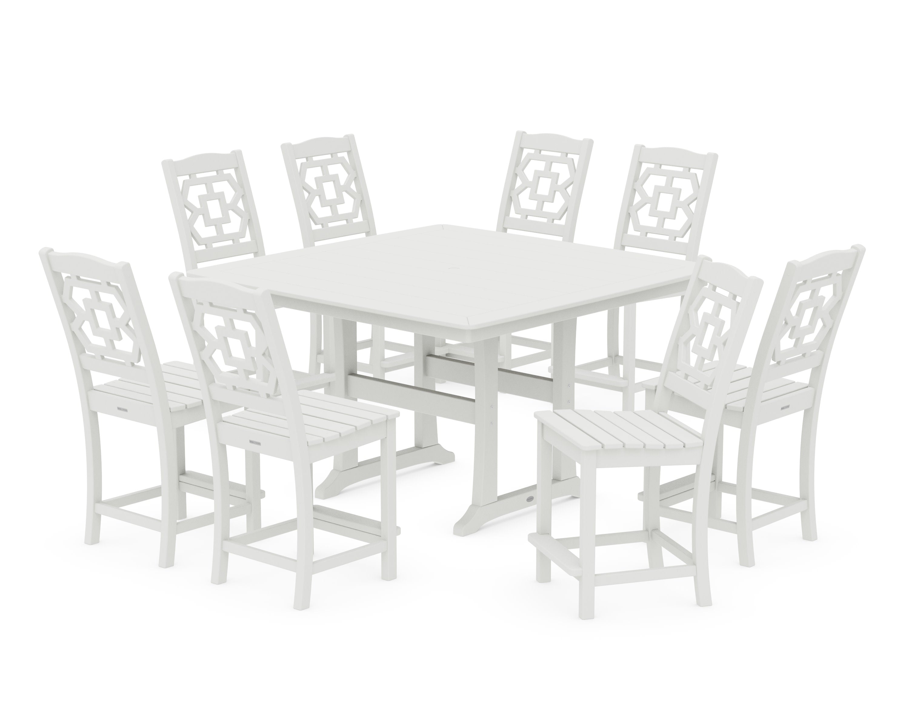 Chinoiserie 9-Piece Square Side Chair Counter Set with Trestle Legs in Vintage White