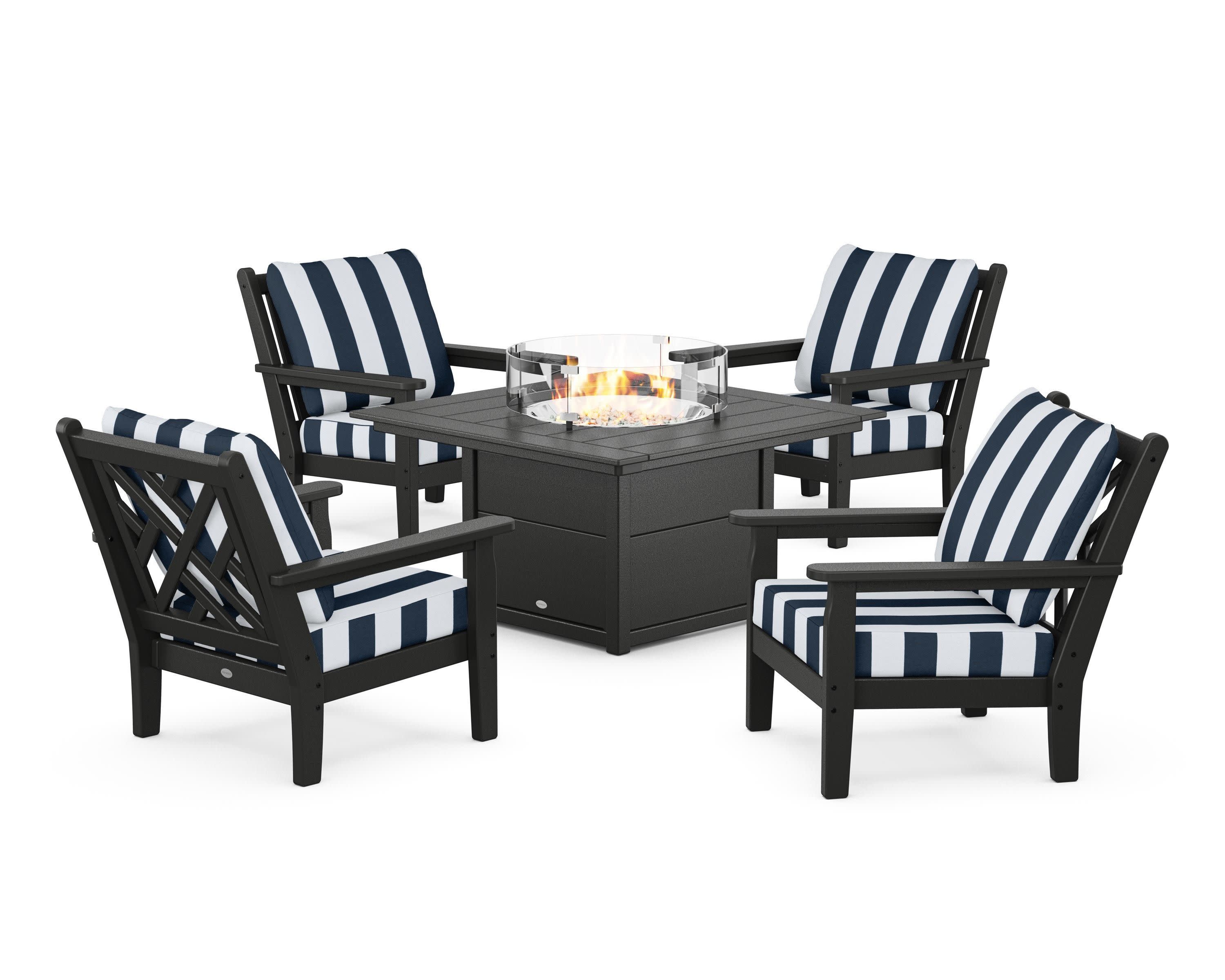 Chippendale 5-Piece Deep Seating Set with Fire Pit Table in Black / Cabana Stripe Marine Indigo