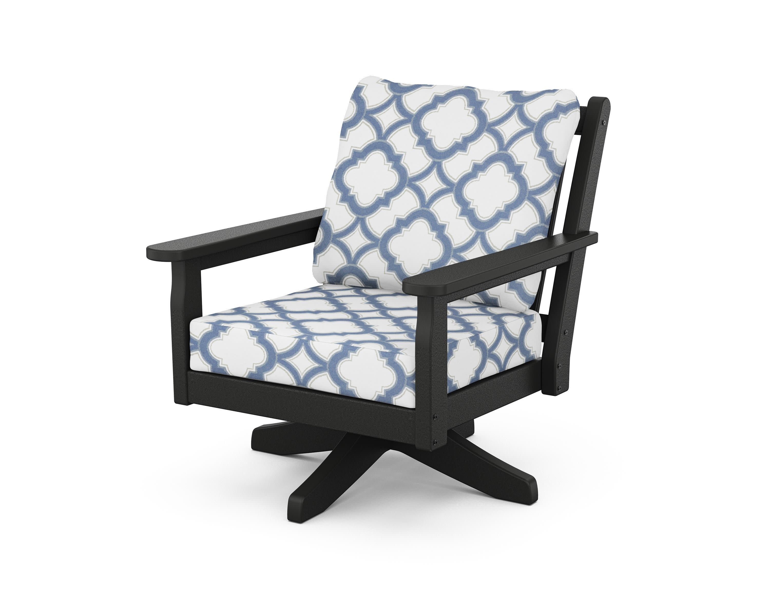 Chippendale Deep Seating Swivel Chair in Black / Trellis Sky Blue