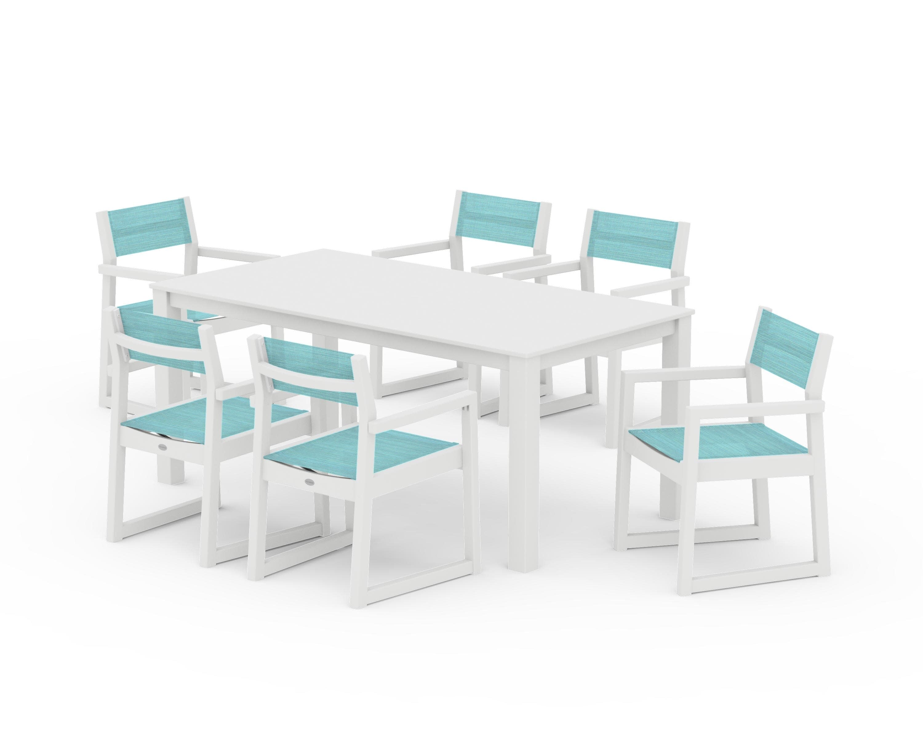 EDGE Sling Arm Chair 7-Piece Parsons Dining Set in White / Dupioni Aquamarine Sling