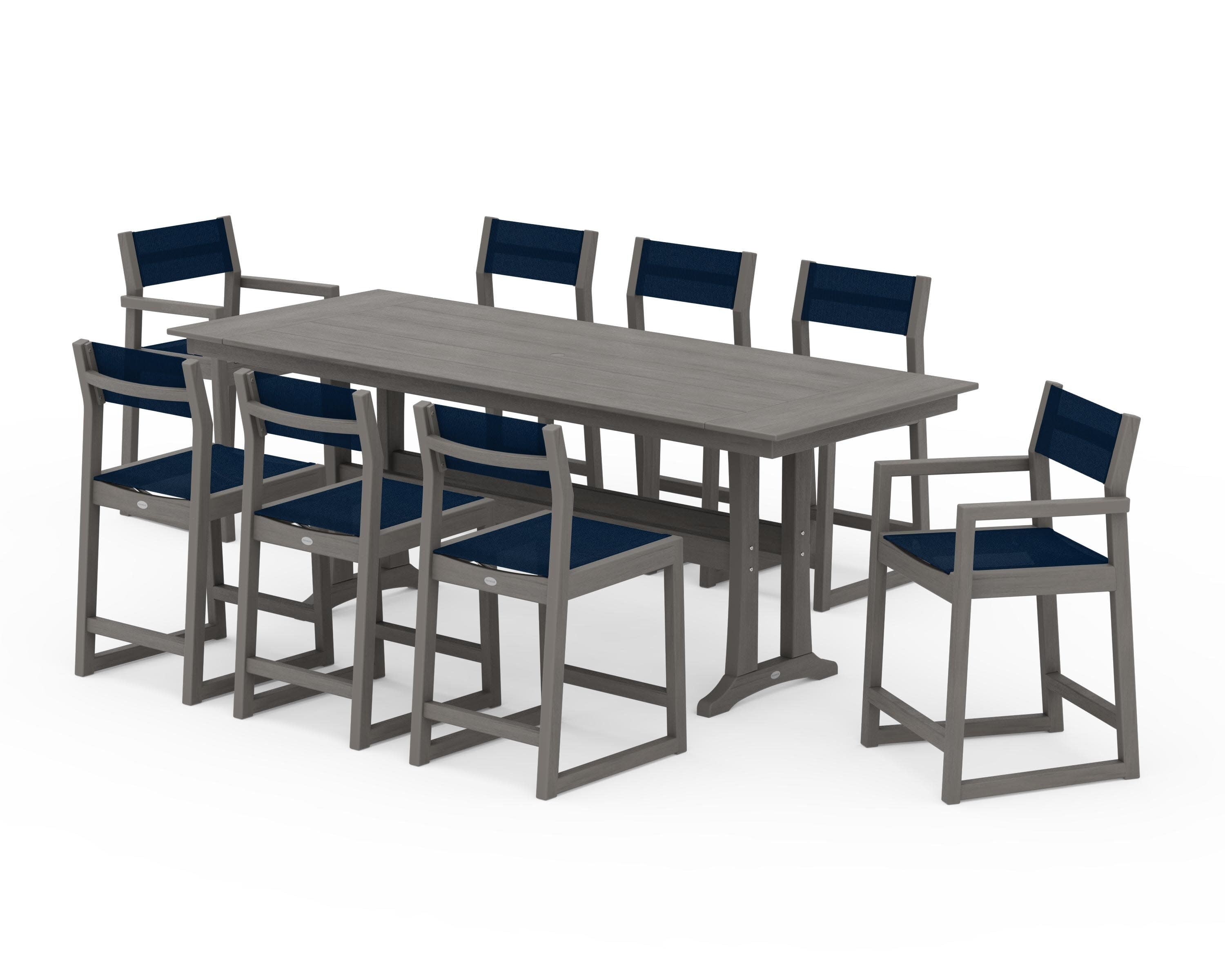 EDGE Sling 9-Piece Farmhouse Counter Set with Trestle Legs in Driftwood / Navy Blue Sling